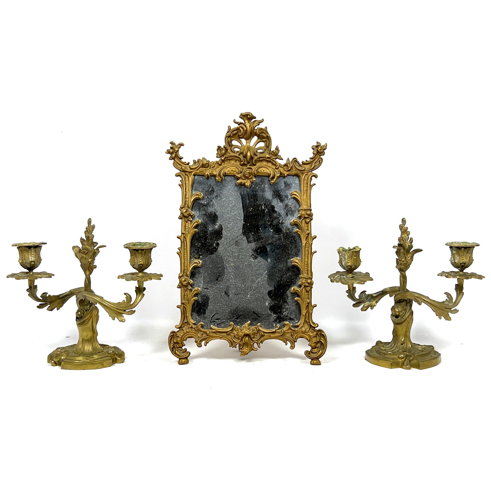 3pcs Iron and Brass. Rococo Mirror and French Style Candelabras.: 3pcs Iron and Brass. Rococo Mirror and French Style Candelabras. Dimensions: Height: 14.75 inches, Width: 9.75 inches, Depth: 4 inches. --- US Packing and Shipping charge: In house shipping available.