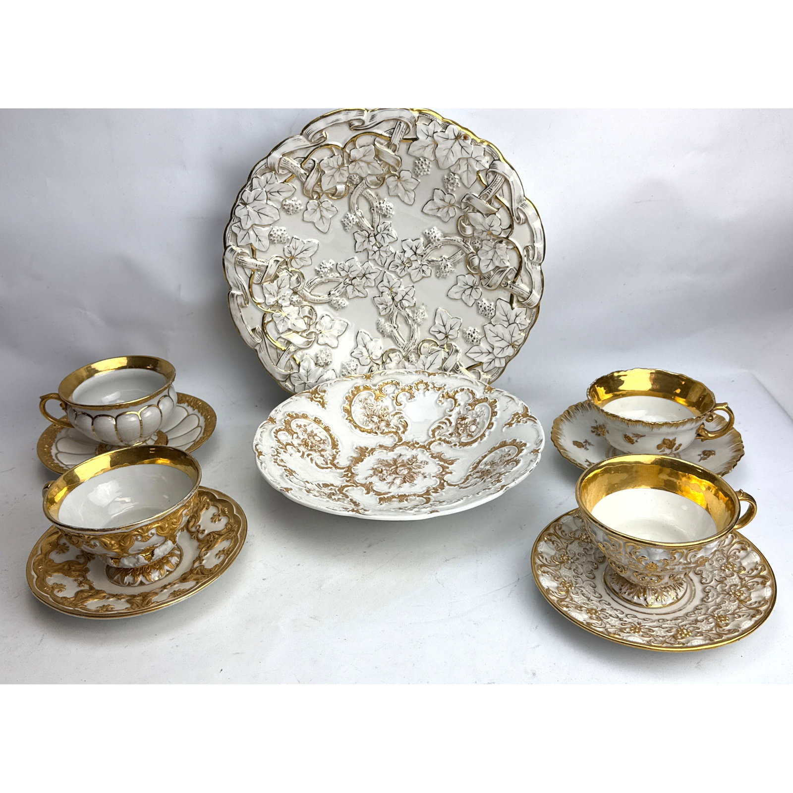 10pc Meissen Rococo gilt porcelain tableware, comprising nine pieces of white porcelain tableware, i (1 of 16)