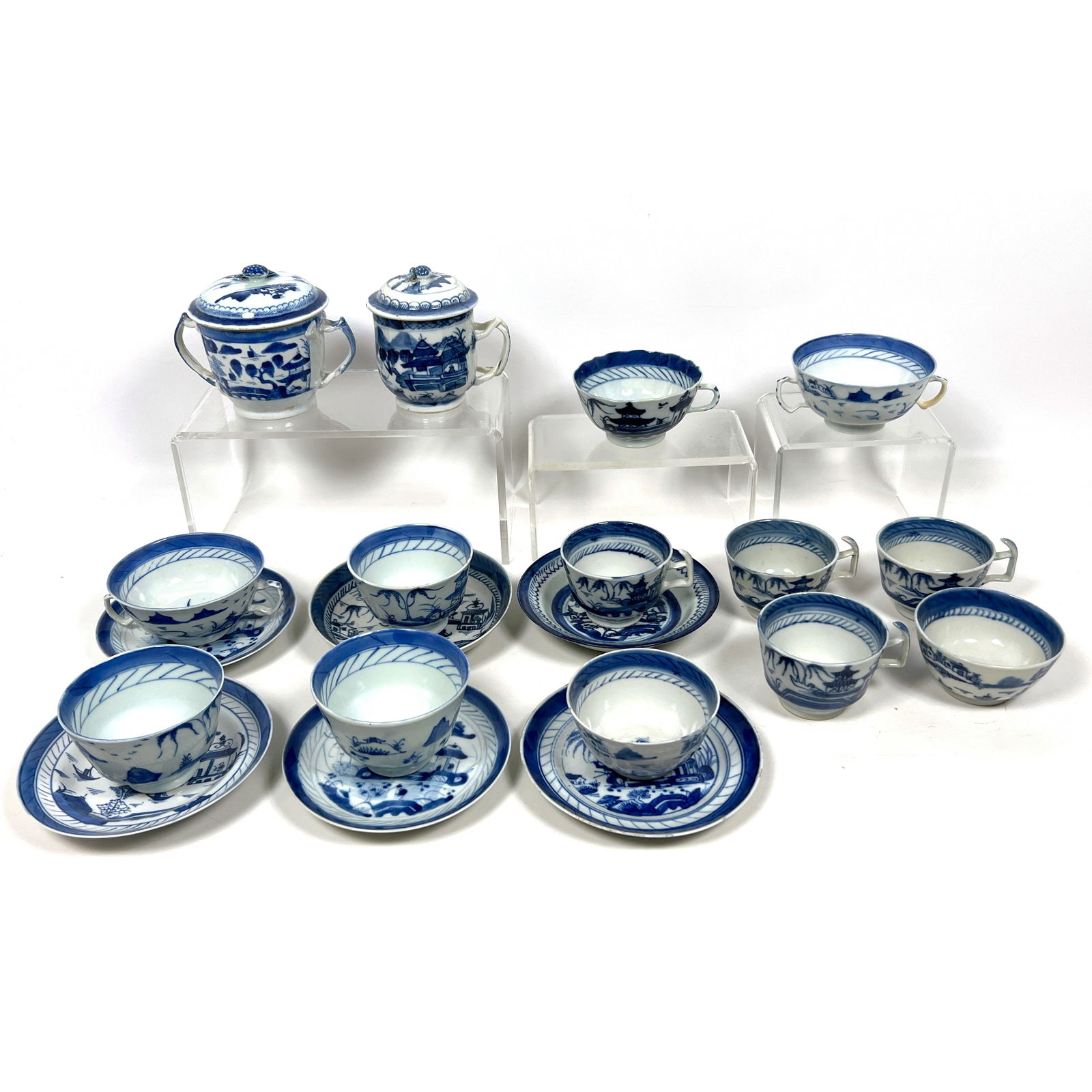 20pc Chinese Export Canton porcelain tea cups and saucers - including demitasse, covered pot de crm (1 of 16)