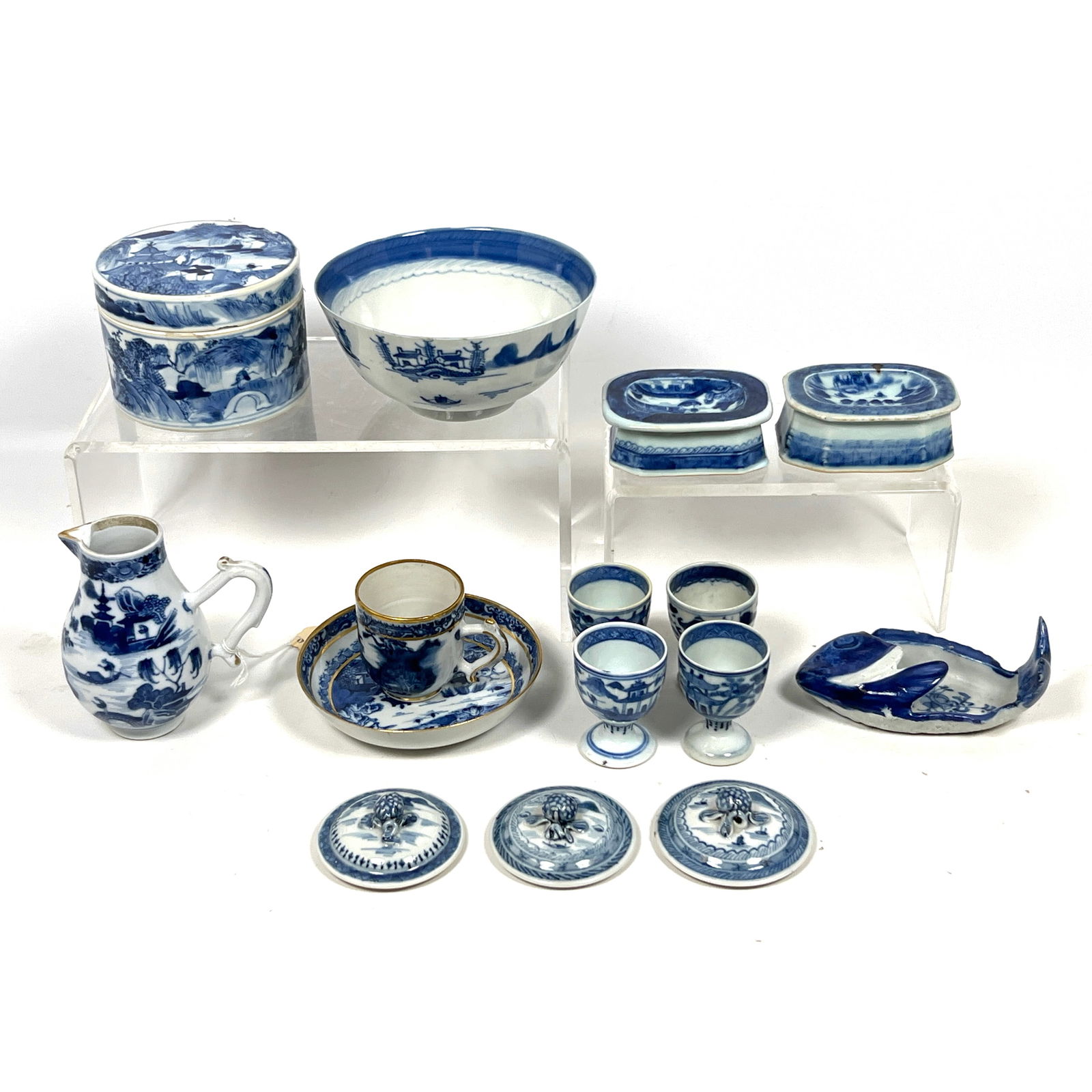 15pc Chinese Export Canton porcelain - 2 rare master salt servers, egg cups, covered box, cream pitc: 15pc Chinese Export Canton porcelain - 2 rare master salt servers, egg cups, covered box, cream pitcher, fish plate, and bowl. 18th - 19th century, private Connecticut collection. Dimensions: Height:
