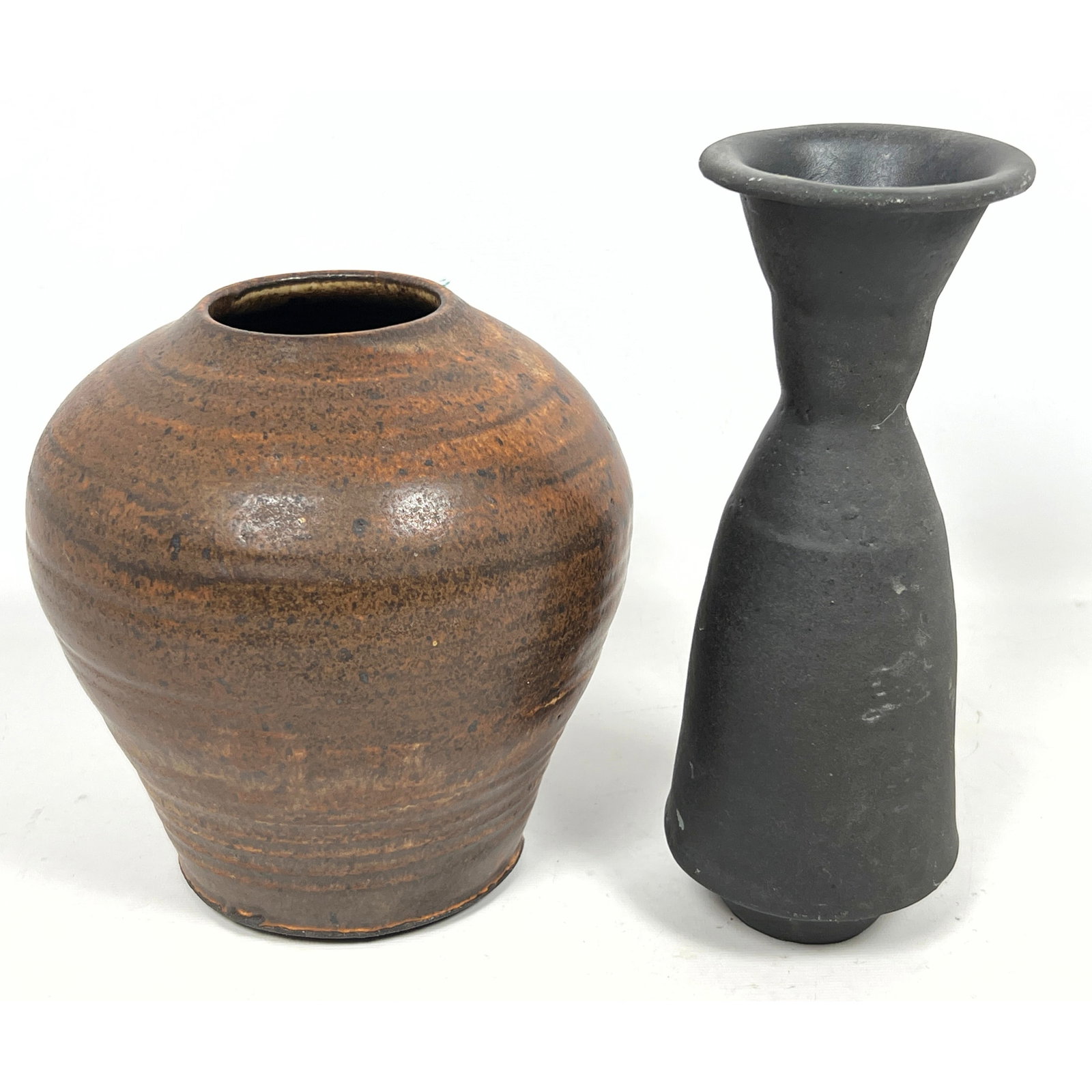 2pc Studio Pottery Vases. Black. Brown. (1 of 12)
