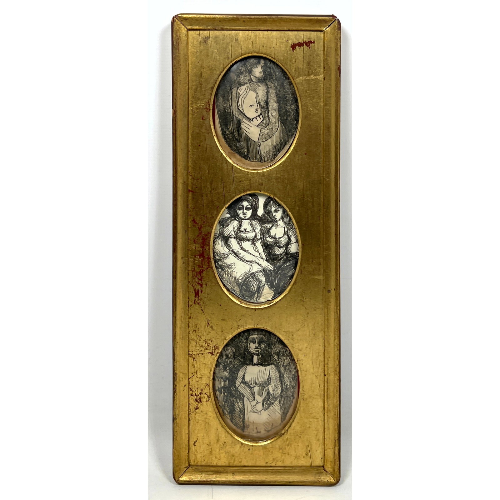 Golden Vertical Frame with openings for three small oval prints engravings. (1 of 8)