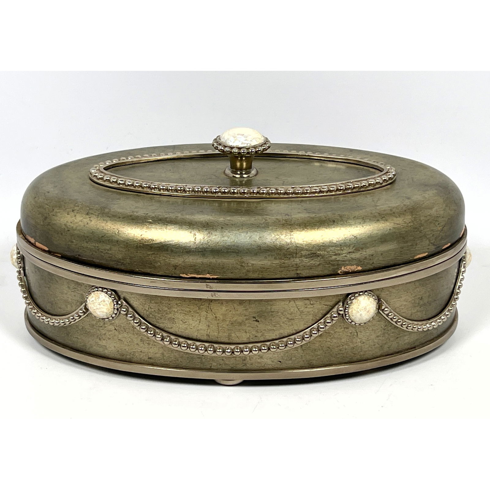 MAITLAND SMITH Silvered Wood Storage Box. Decorative Oval Lidded form with Beaded trim accents and w (1 of 9)