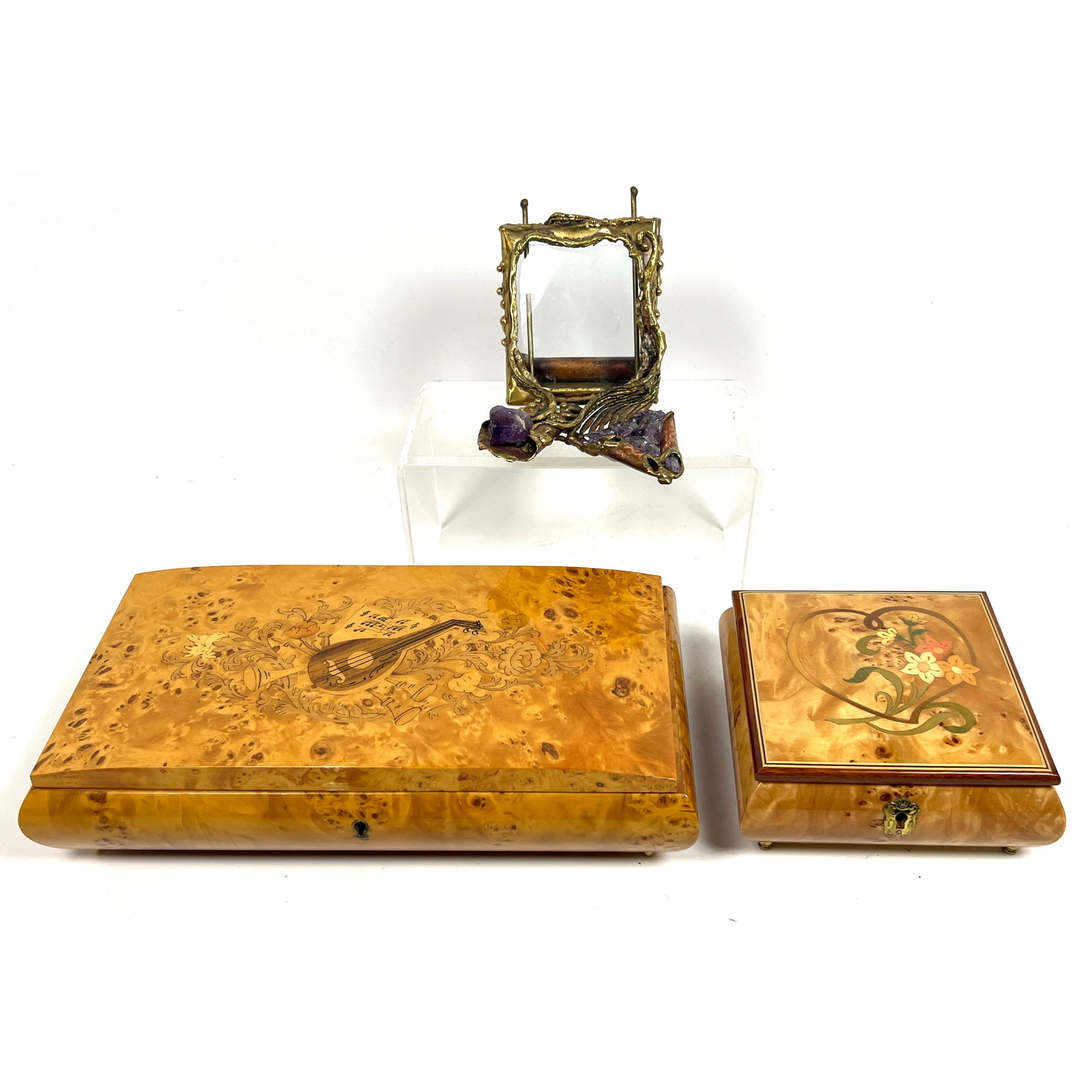 2pc Italian Inlaid Burl Lidded Music Boxes. ALSO Likely Brazilian Brass and Copper Small Photo Frame (1 of 16)