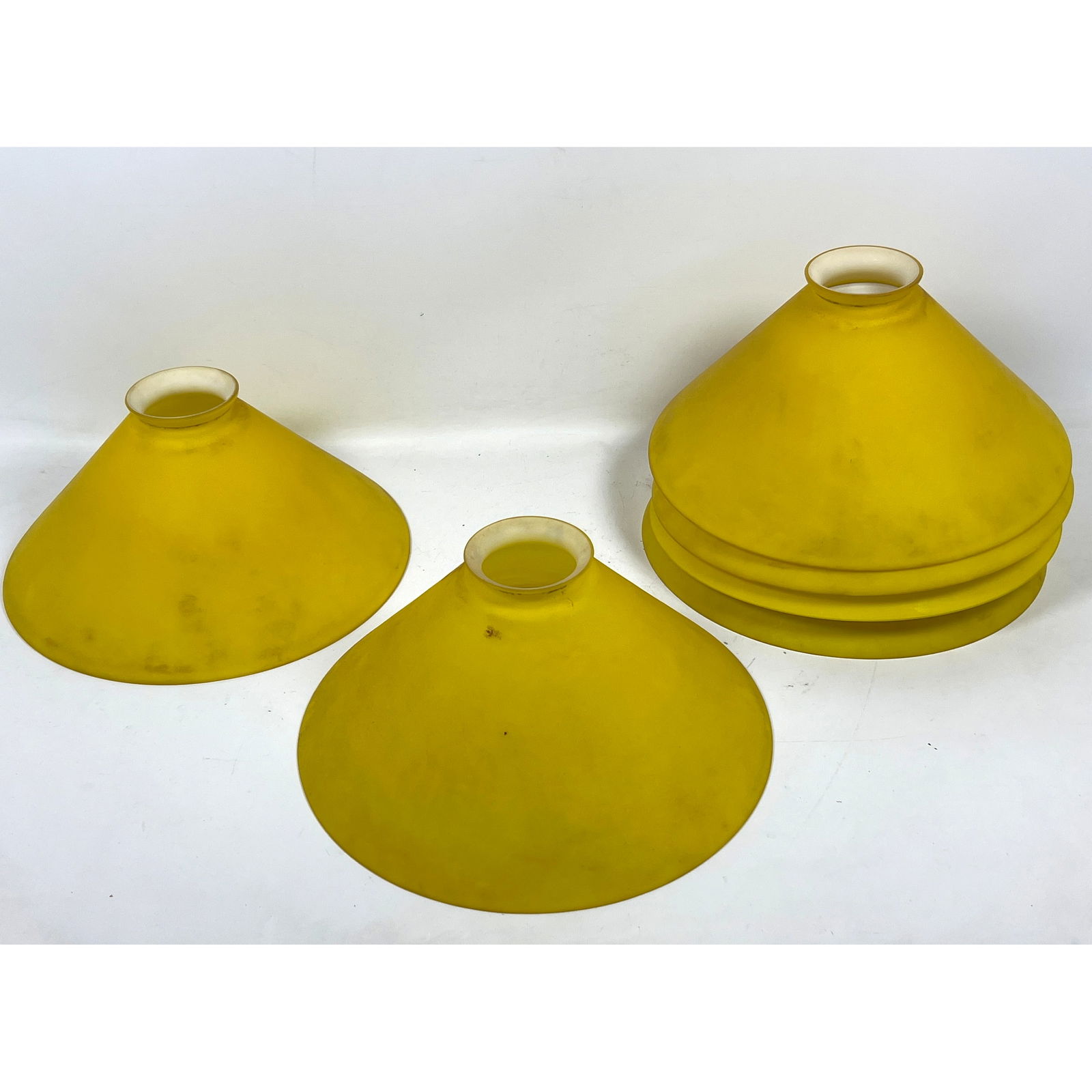 Set 6 Vintage Yellow Glass Lighting Shades. 5 shades signed illegibly.: Set 6 Vintage Yellow Glass Lighting Shades. Dimensions: Height: 7 inches, Width: 14 inches, Depth: 14 inches. --- US Packing and Shipping charge: In house shipping available. Will be calculated once d