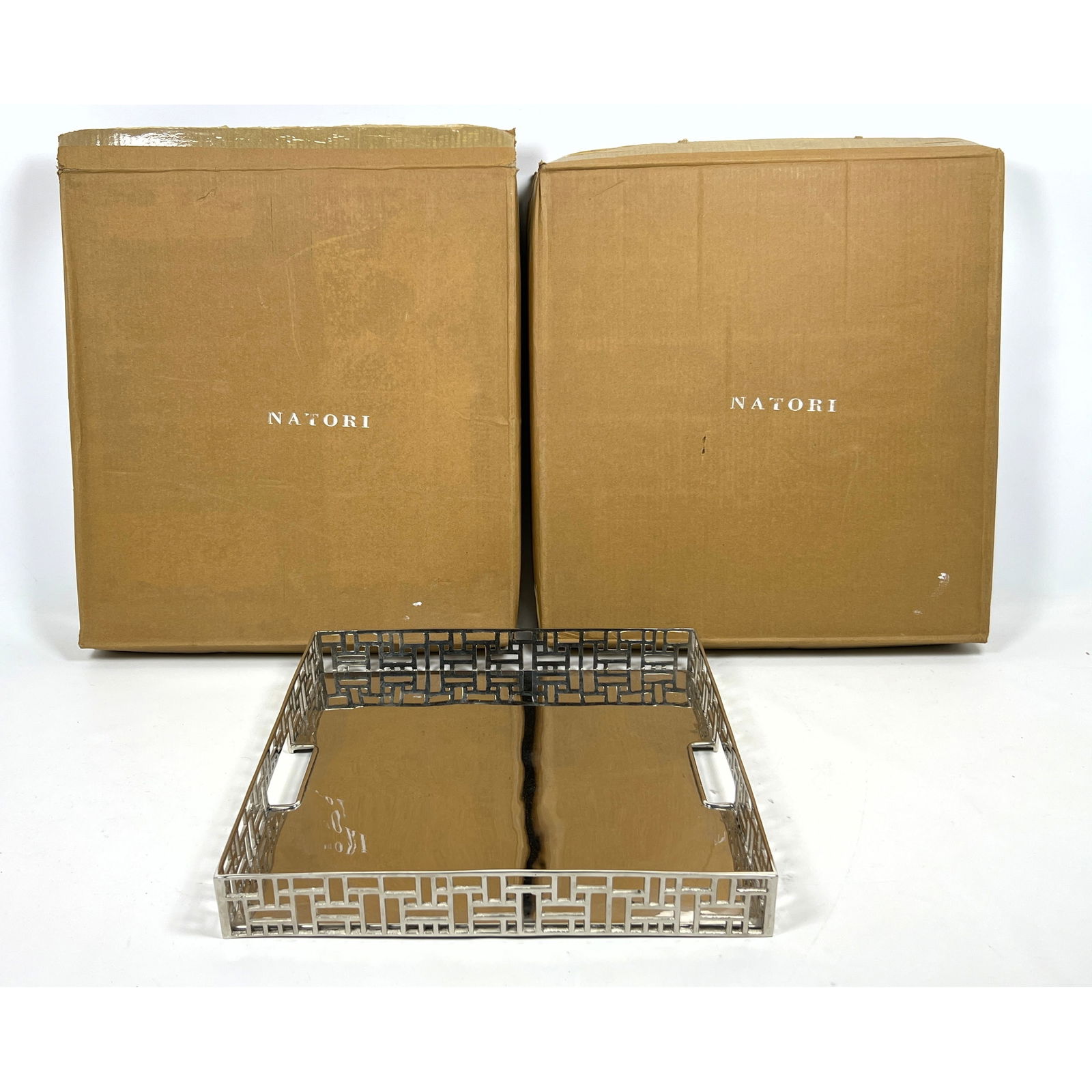 3 NATORI Square Trays. Two are New in Box. Open tray has architectural layered brick pattern sides. (1 of 10)