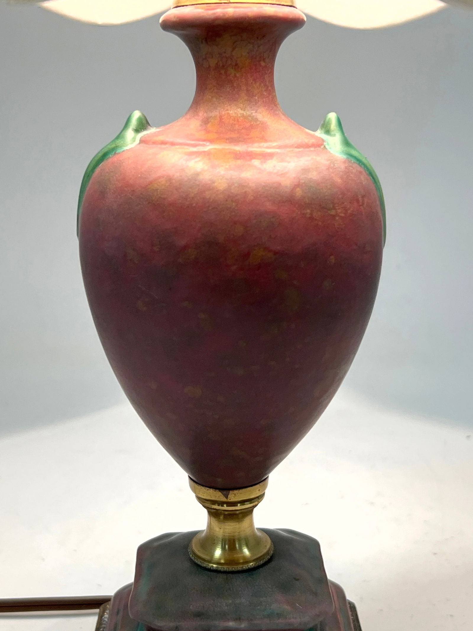 Mottled Red Glaze Art Pottery Boudoir Table Lamp. Green Handles. Mounted on metal and pottery base. (1 of 12)