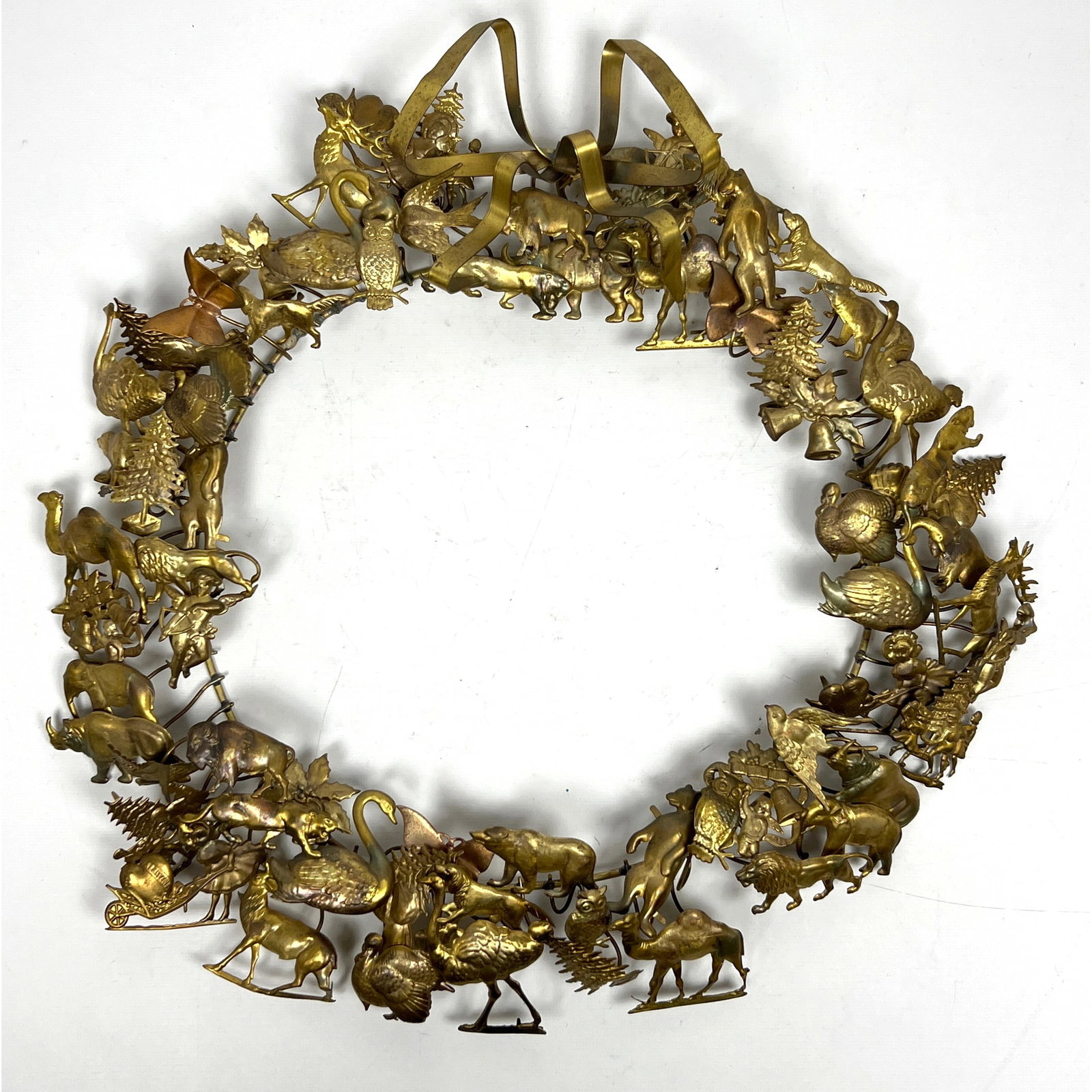 Dresden Brass Wreath with small figural animal charms. Swans, Deer, Turkey, Rhino, Lion, Camel, Owl, (1 of 9)