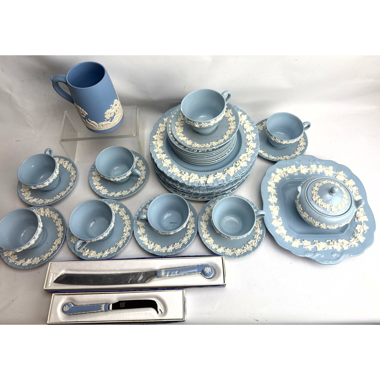 34pc Wedgwood Blue China Dish set. Dishes.- Manufacturer: Wedgwood Pattern: Embossed Queen's War (1 of 13)