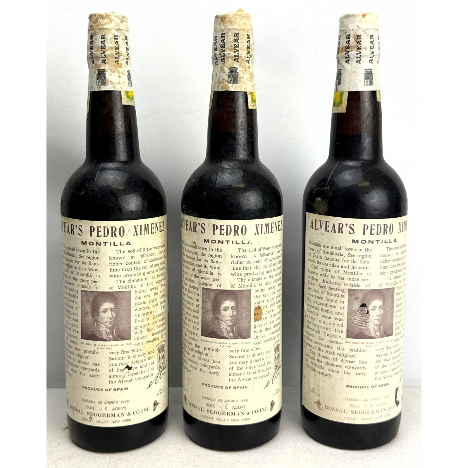 3 Bottles. Alvear's Pedro Ximenez Montilla aperitif wine, produced in Spain: 3 Bottles. Alvear's Pedro Ximenez Montilla aperitif wine, produced in Spain Dimensions: Height: 12 inches, Width: 3 inches, Depth: 3 inches. --- - We offer curbside delivery for most items to NYC, Man