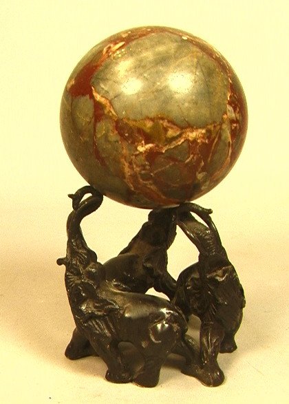 Bronze Chinese Elephant Base. Hardstone Sphere. T: Bronze Chinese Elephant Base. Hardstone Sphere. Three Elephants with Trunks Raised support Stone Globe. -- Dimensions: H: 8.5 inches: W: 5 inches --- US Shipping charge: $28