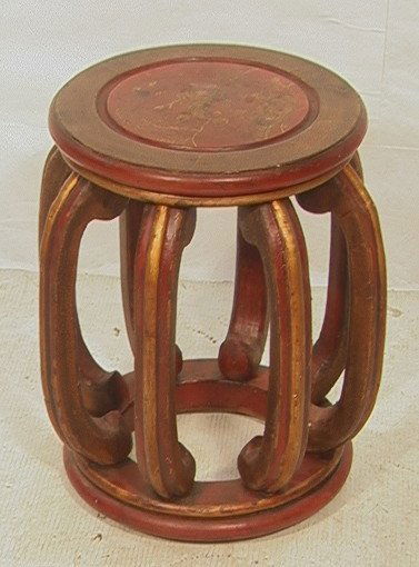 Vintage Asian Red Lacquer Garden Seat Table. Pain: Vintage Asian Red Lacquer Garden Seat Table. Paint decorated seat with gilt highlights. -- Dimensions: H: 20 inches: W: 15 inches ---