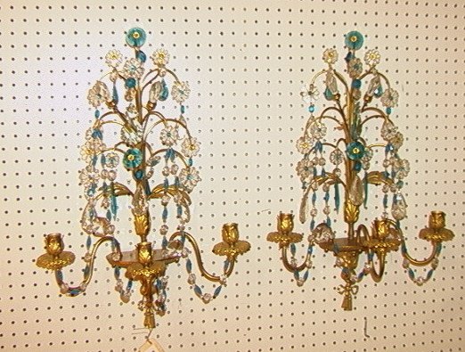Pr Gilt Brass Wall Sconces. Blue & Clear Prisms.: Pr Gilt Brass Wall Sconces. Blue & Clear Prisms. 3 arm candle sconces. 2 PCS. -- Dimensions: H: 25 inches: W: 17 inches: D: 9.5 inches --- US Shipping charge: $50