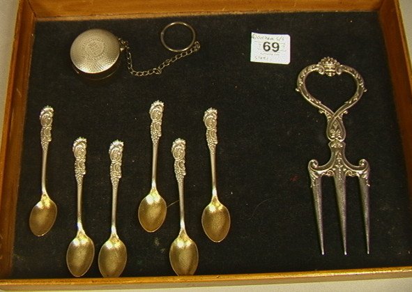 6 GORHAM Sterling Demitasse Spoons. Pick Hallmark: 6 GORHAM Sterling Demitasse Spoons. Pick Hallmarked JD&S. Sterling Chatelaine Powder Compact with powder puff.-- Dimensions: --- Weight: 2.96 Troy ozs. ---- --- US Shipping charge: $14