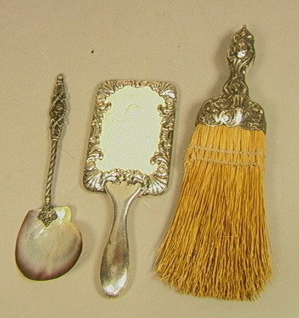 3pc Lot Victorian Silver. Silver & Shell Spoon. V: 3pc Lot Victorian Silver. Silver & Shell Spoon. Victorian Hand Mirror with ivorine back. Brush in Art Nouveau design.-- Dimensions: : L: 11 inches --- US Shipping charge: $14