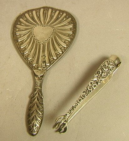 2pc Antique Silver Lot. Sterling Hallmarked Heart: 2pc Antique Silver Lot. Sterling Hallmarked Heart Shaped Hand Mirror. S. KIRK & SONS Sugar Tongs.-- Dimensions: --- US Shipping charge: $14