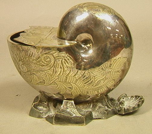 SHEFFIELD Silver Plate Nautilus Spoon Warmer. WIL: SHEFFIELD Silver Plate Nautilus Spoon Warmer. WILLIAM HUTTON & SONS, England. Engraved Dolphin Motif. -- Dimensions: H: 5.5 inches: W: 7 inches: D: 3.75 inches --- US Shipping charge: $14