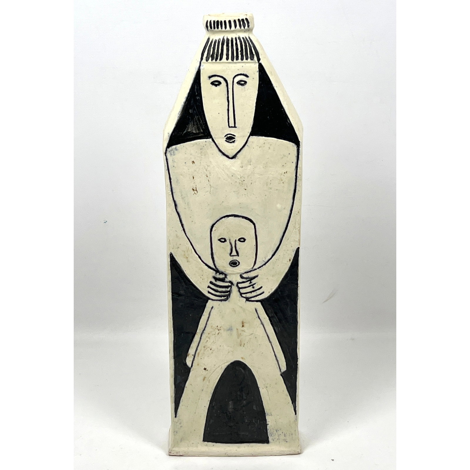 Studio Art Pottery Vase. Slab Construction Vessel features Mother and Child Images. Unmarked. (1 of 11)