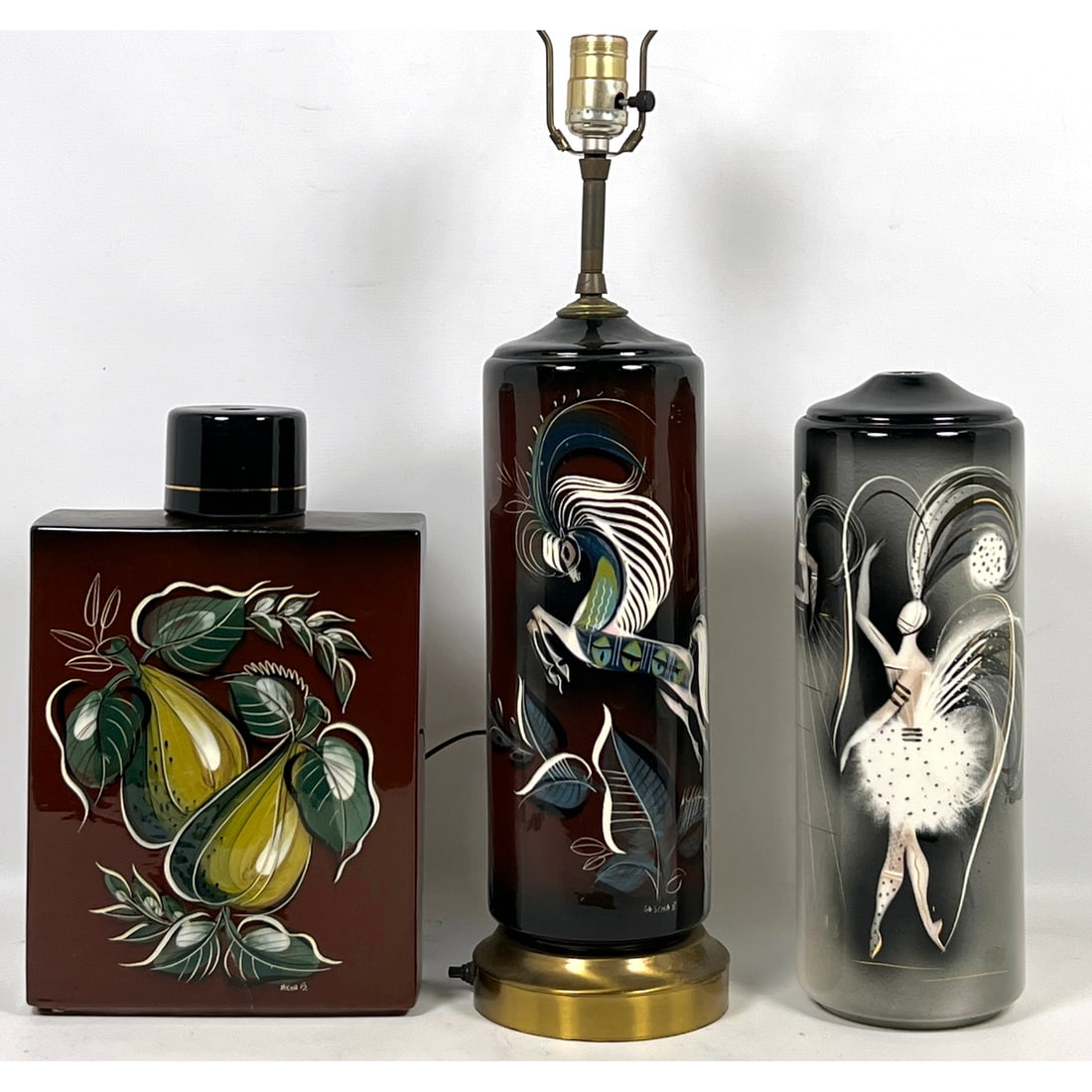 3pc SASCHA BRASTOFF Mid Century Modern Pottery. Tall Fanciful Horse Glazed Table Lamp. 2) Two Pears: 3pc SASCHA BRASTOFF Mid Century Modern Pottery. Tall Fanciful Horse Glazed Table Lamp. 2) Two Pears Rectangular Jar with Stopper Lid. Possibly designed as a Lamp. 3) Pottery Lamp Base with Fanciful Da