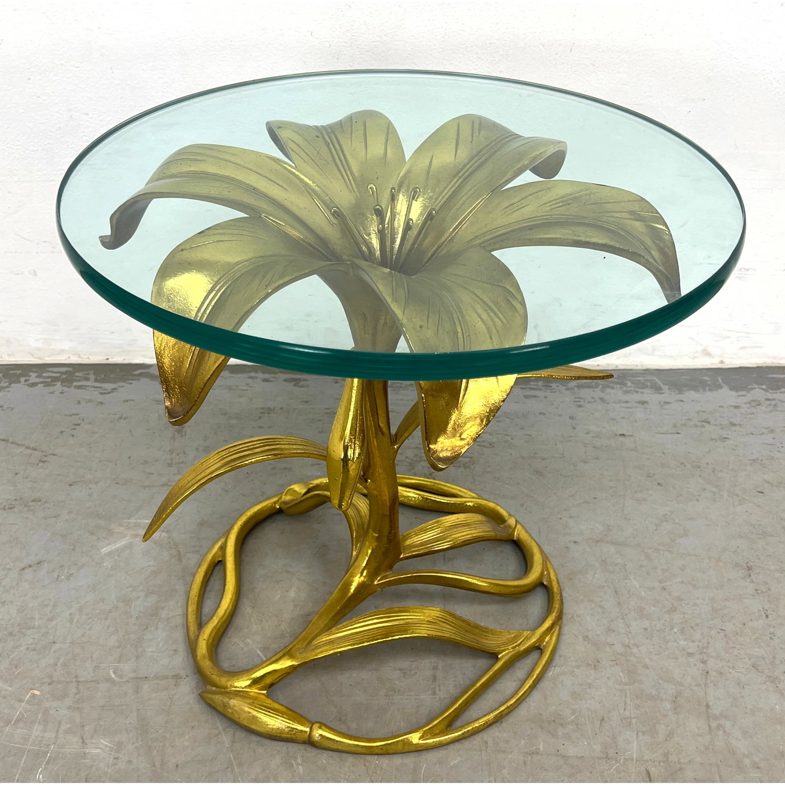 Aluminum Lily round glass side table Arthur Court. Gilt finish. (1 of 7)