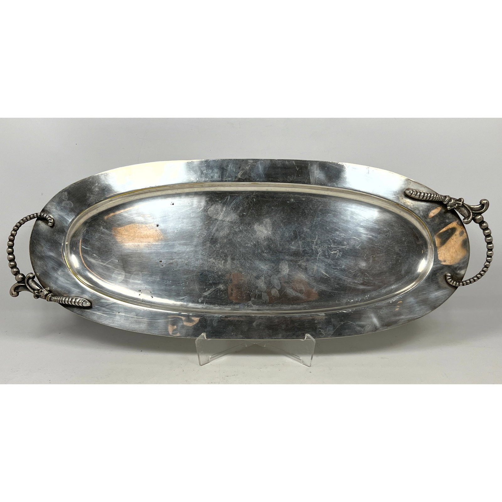 31" Long Silver Plated Metal Serving Tray Wide Rimmed Oval Form has Scandinavian style bell flower h (1 of 12)