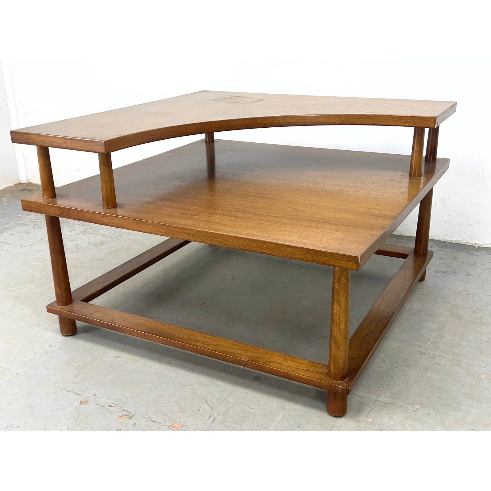 T. H. ROBSJOHN GIBBINGS Tiered Step Table. Mid Century Modern Walnut Table has Shaped Top Tier. WIDD (1 of 11)