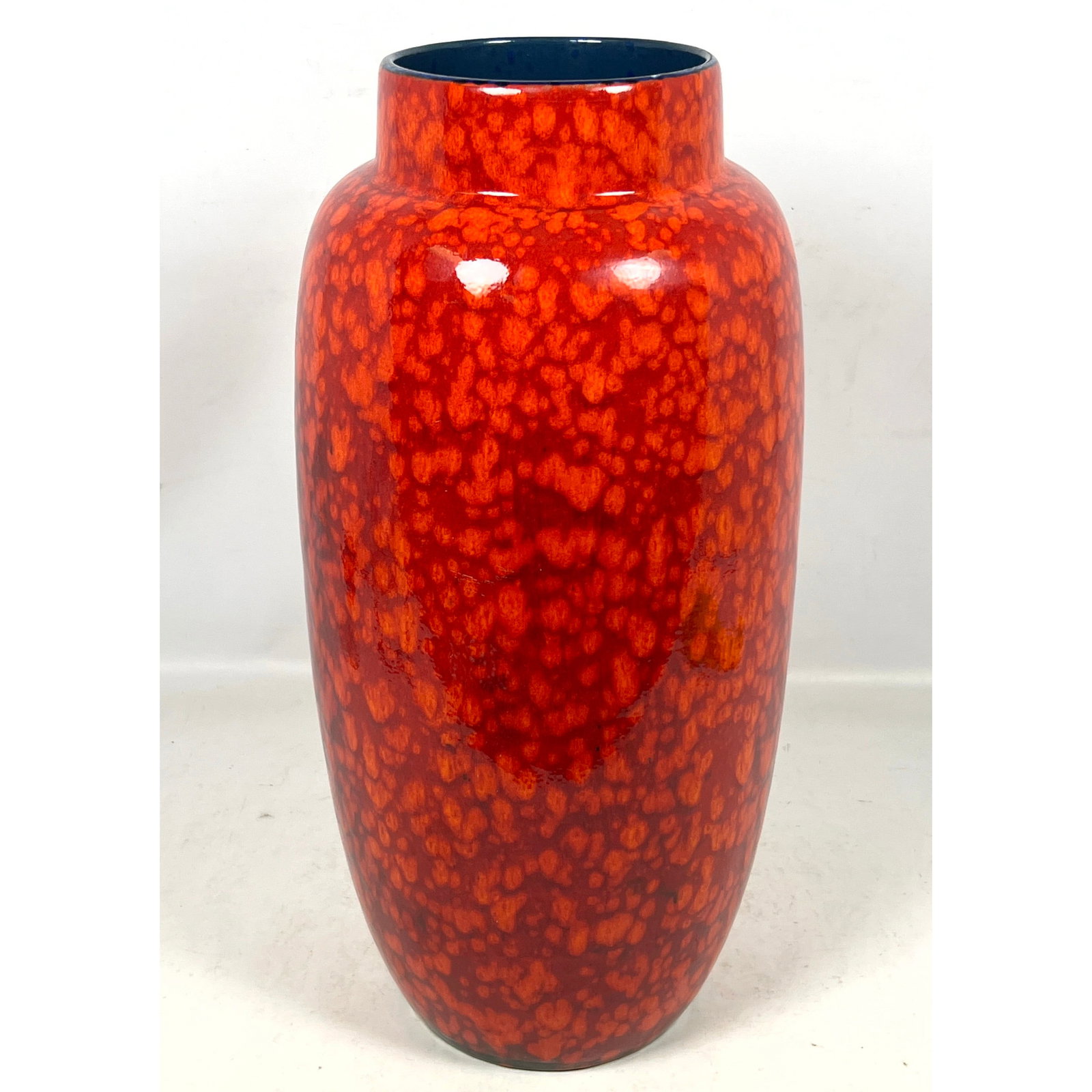 West German Red Mottled Glazed Pottery Vase. Contrasting Blue Interior. MCM. Marked (1 of 10)