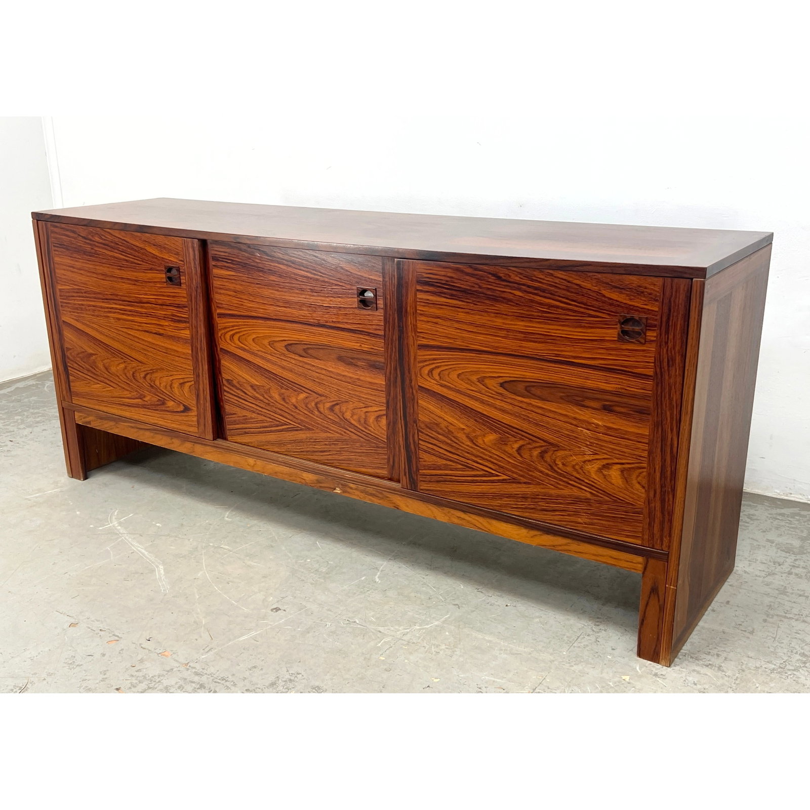 Danish Modern Rosewood Credenza. Three Door Cabinet Server has Beautifully Grained finished Back; ca (1 of 13)