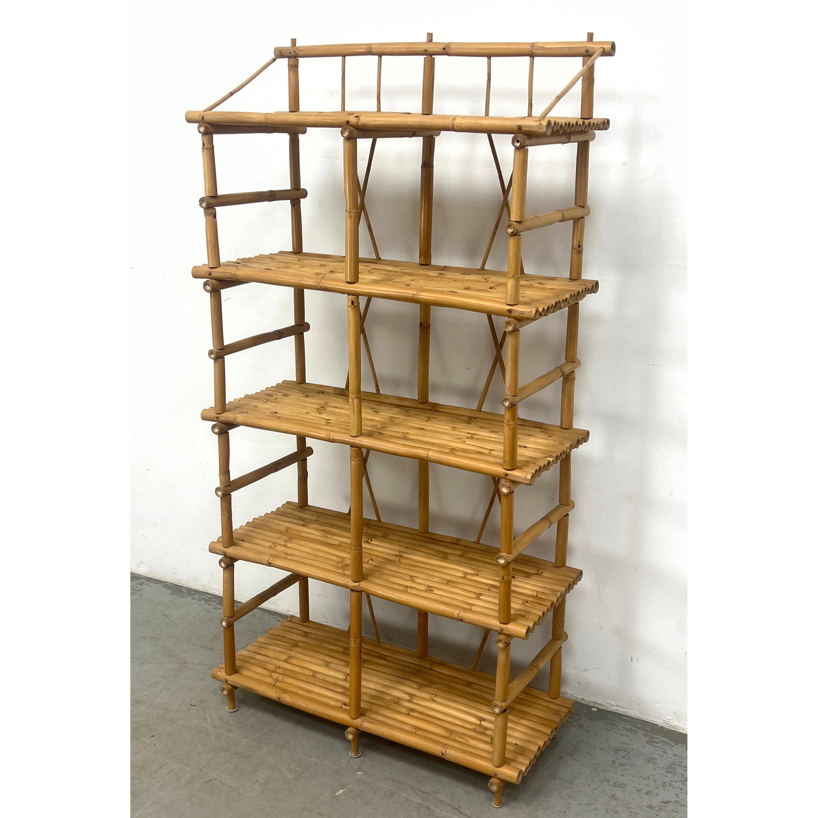Five tier bamboo etagere, shelf unit. Brighton Pavilion style Display Shelves with X stretcher detai (1 of 7)
