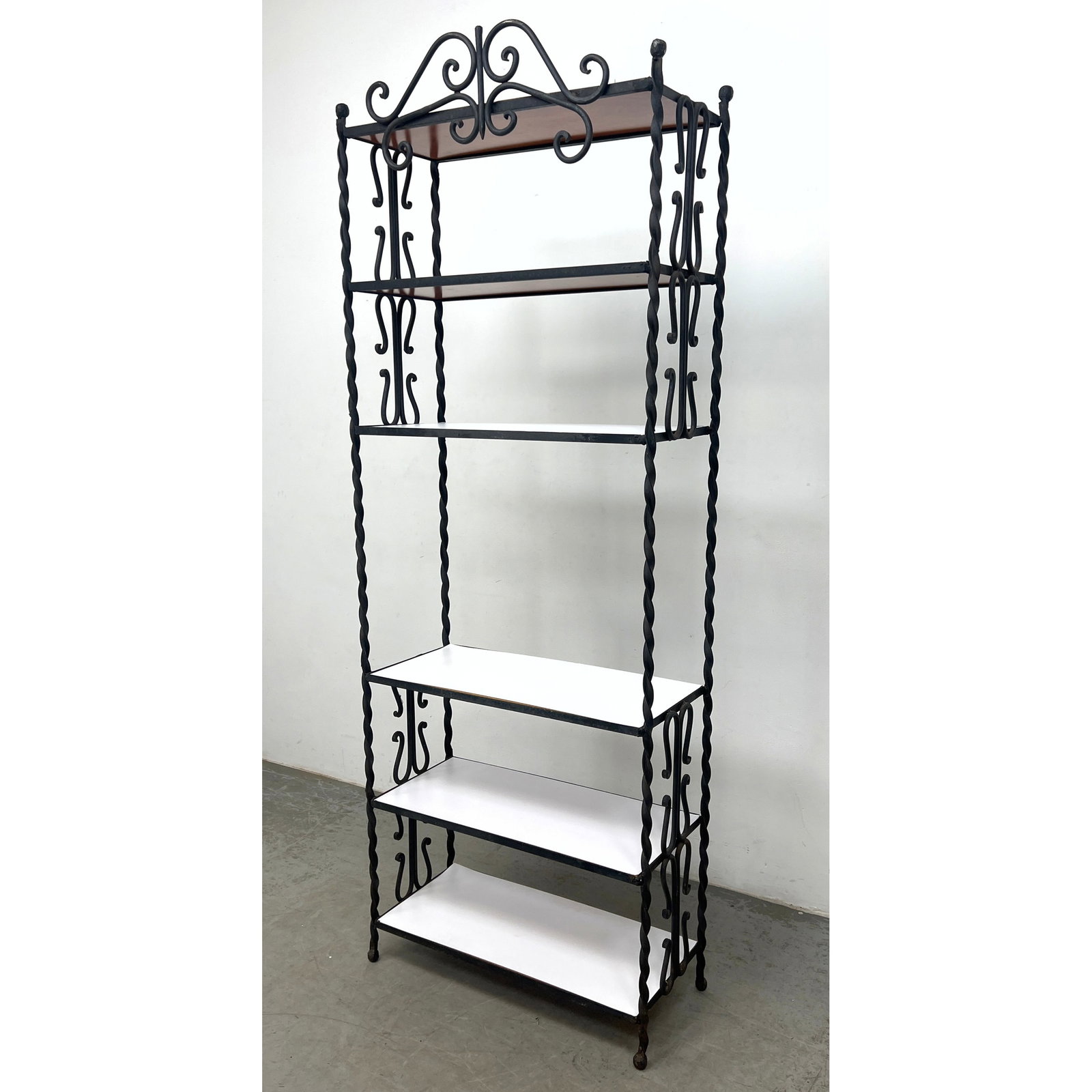 Black Painted Iron 5 Tier Etagere Display Shelves. Twisted Iron Upright Supports. White Shelves. (1 of 11)