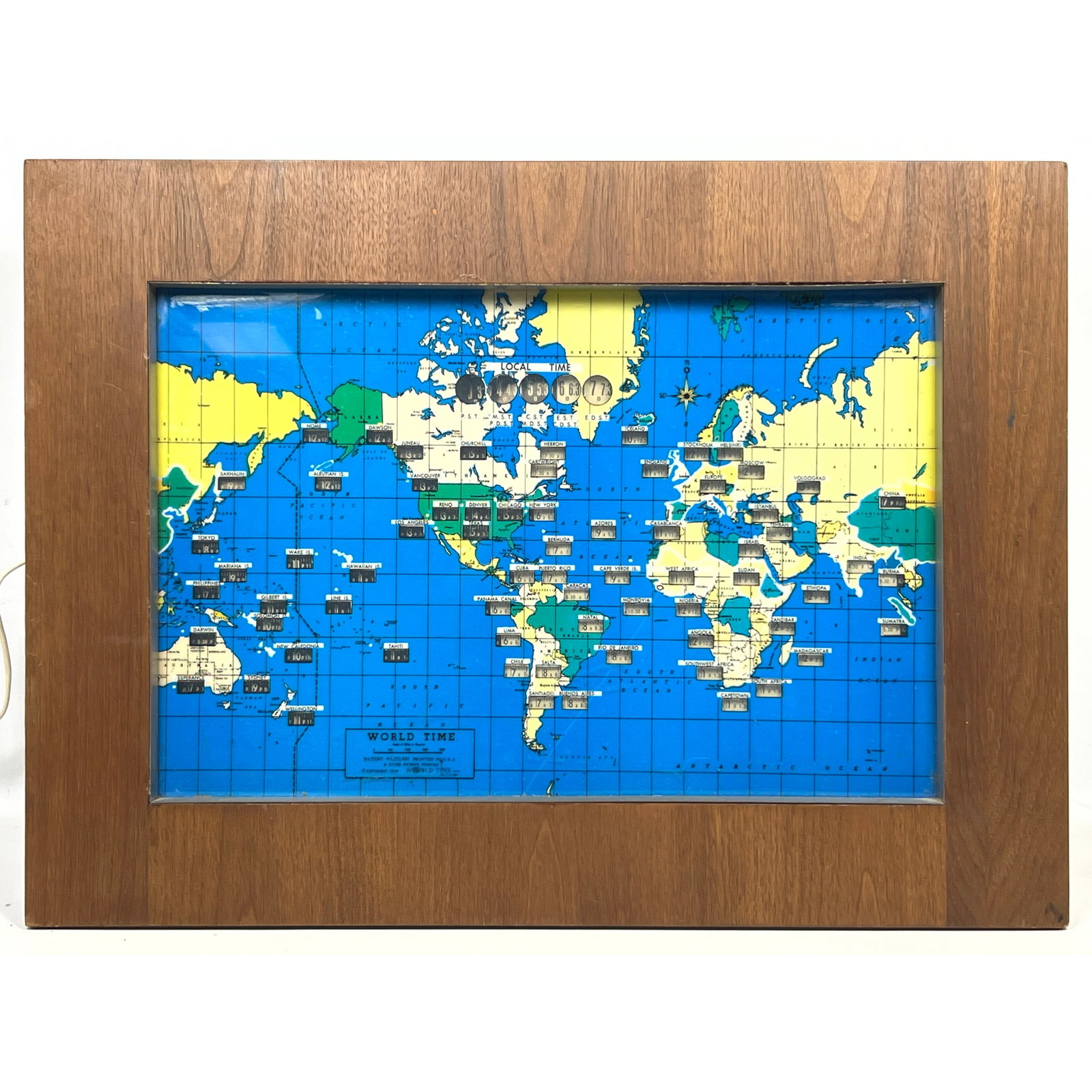 Framed HOWARD MILLER World Clock.: Framed HOWARD MILLER World Clock. Dimensions: Height: 19 inches, Width: 25.5 inches, Depth: 5 inches. --- - We offer curbside delivery for most items to NYC, Manhattan, Close Brooklyn, Hoboken about a