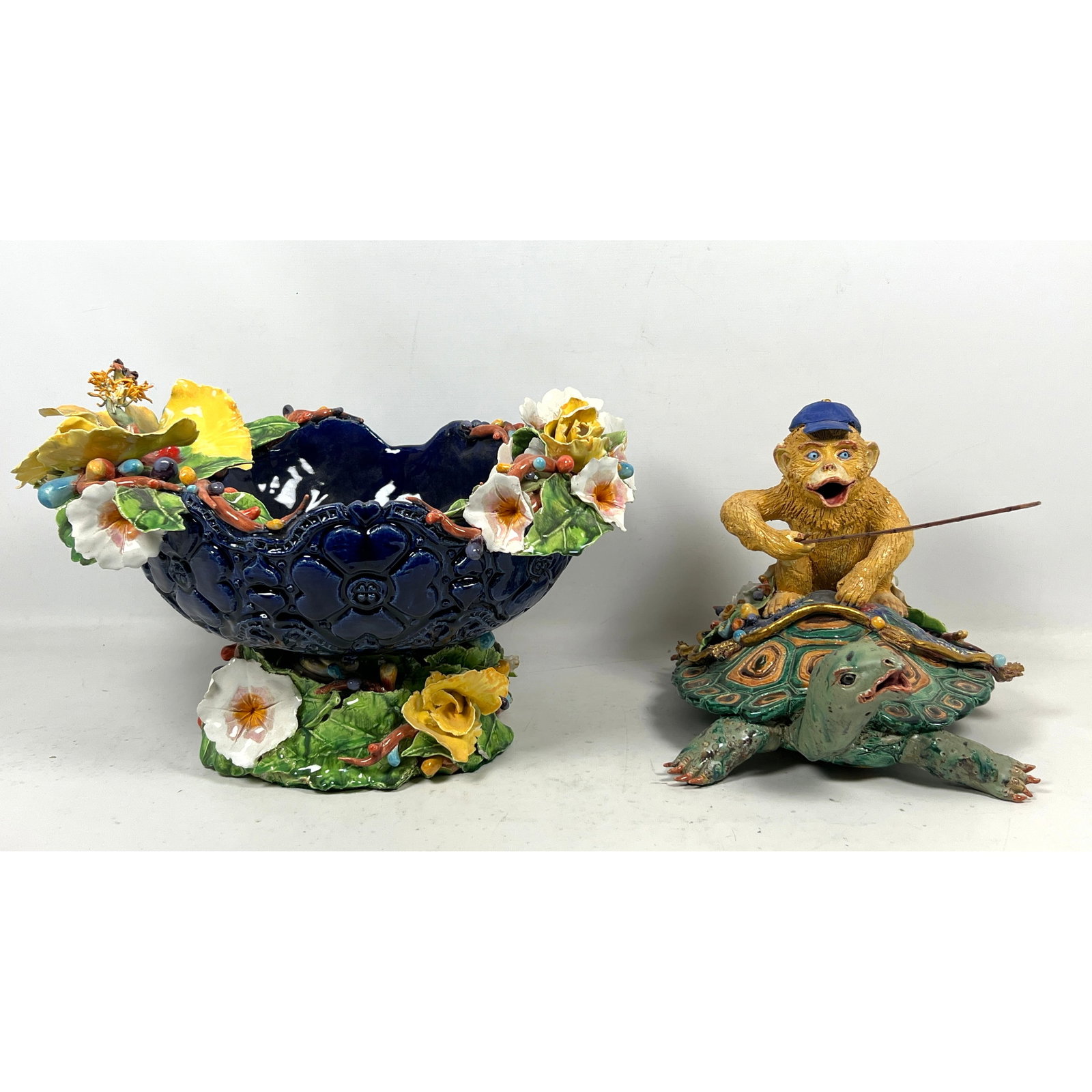 2pc GEORGE ALEXANDER Ceramic Figural Sculptures. 1) Whimsical Monkey Riding a Turtle Sculpture. Sign (1 of 17)