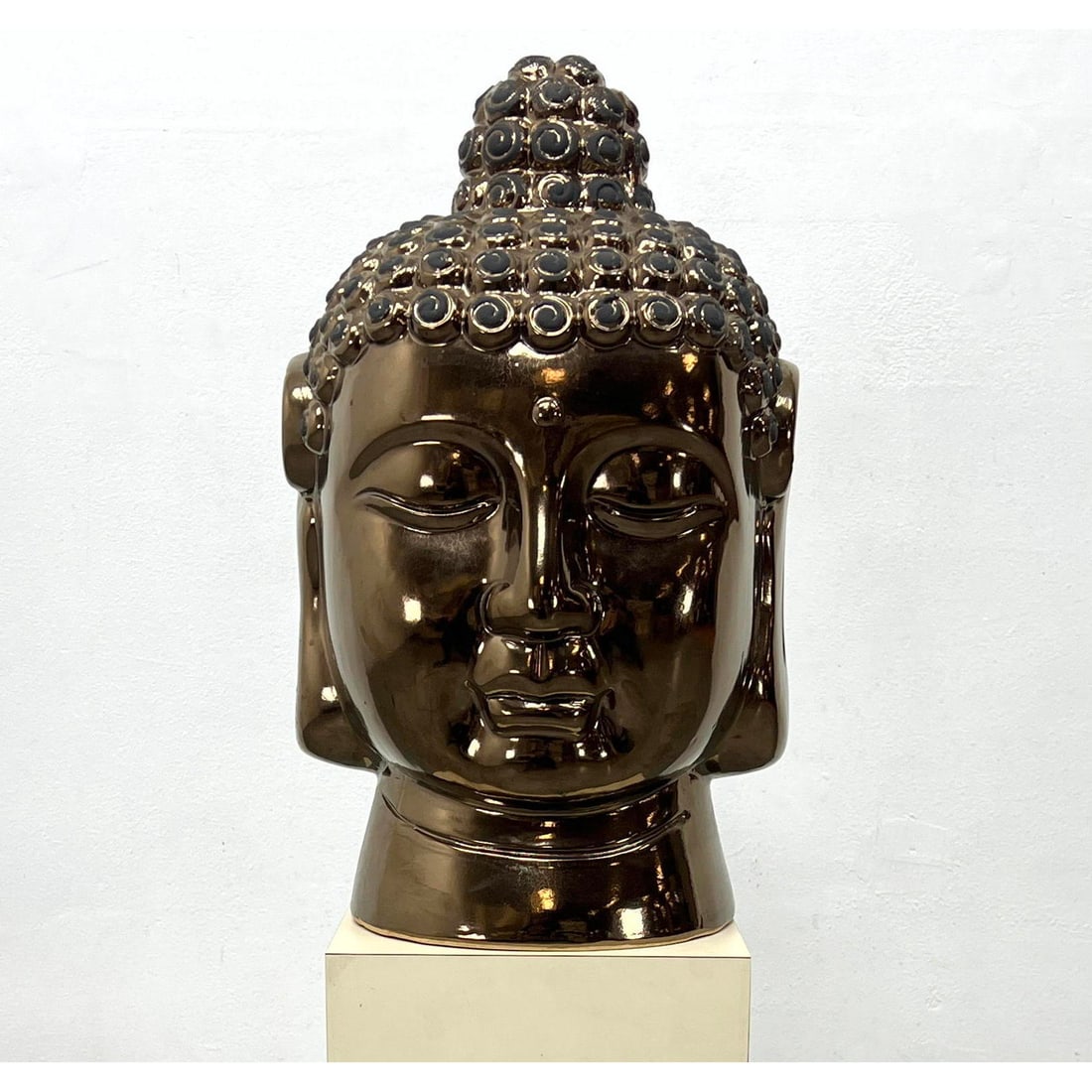 Large Pottery Buddah Head Bust Sculpture on Pedestal White Stand. Metallic glaze. (1 of 14)
