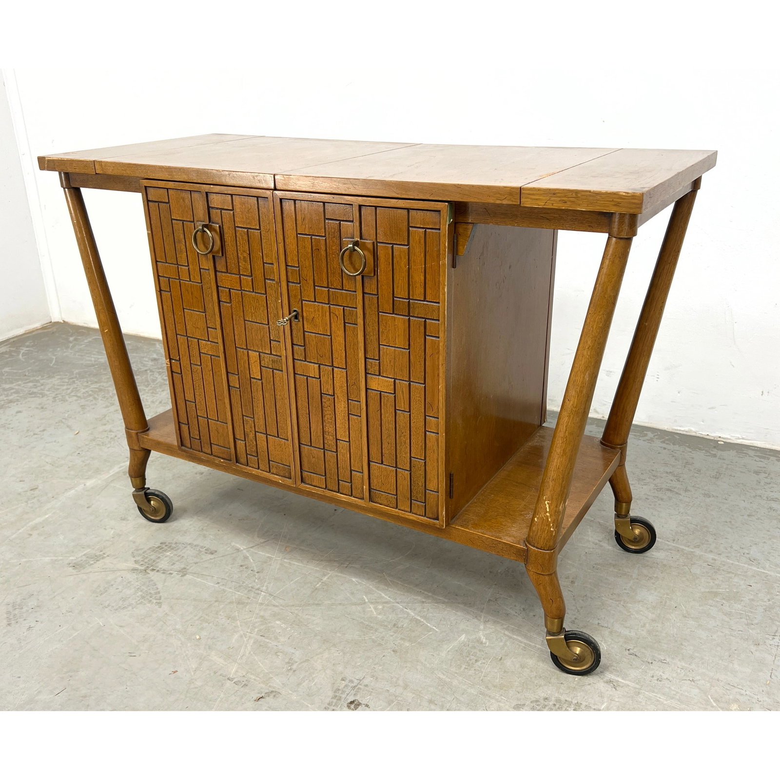 Bert England Mid Century Modern Bar Cart Server on Casters. Top flips open to white interior. (1 of 12)