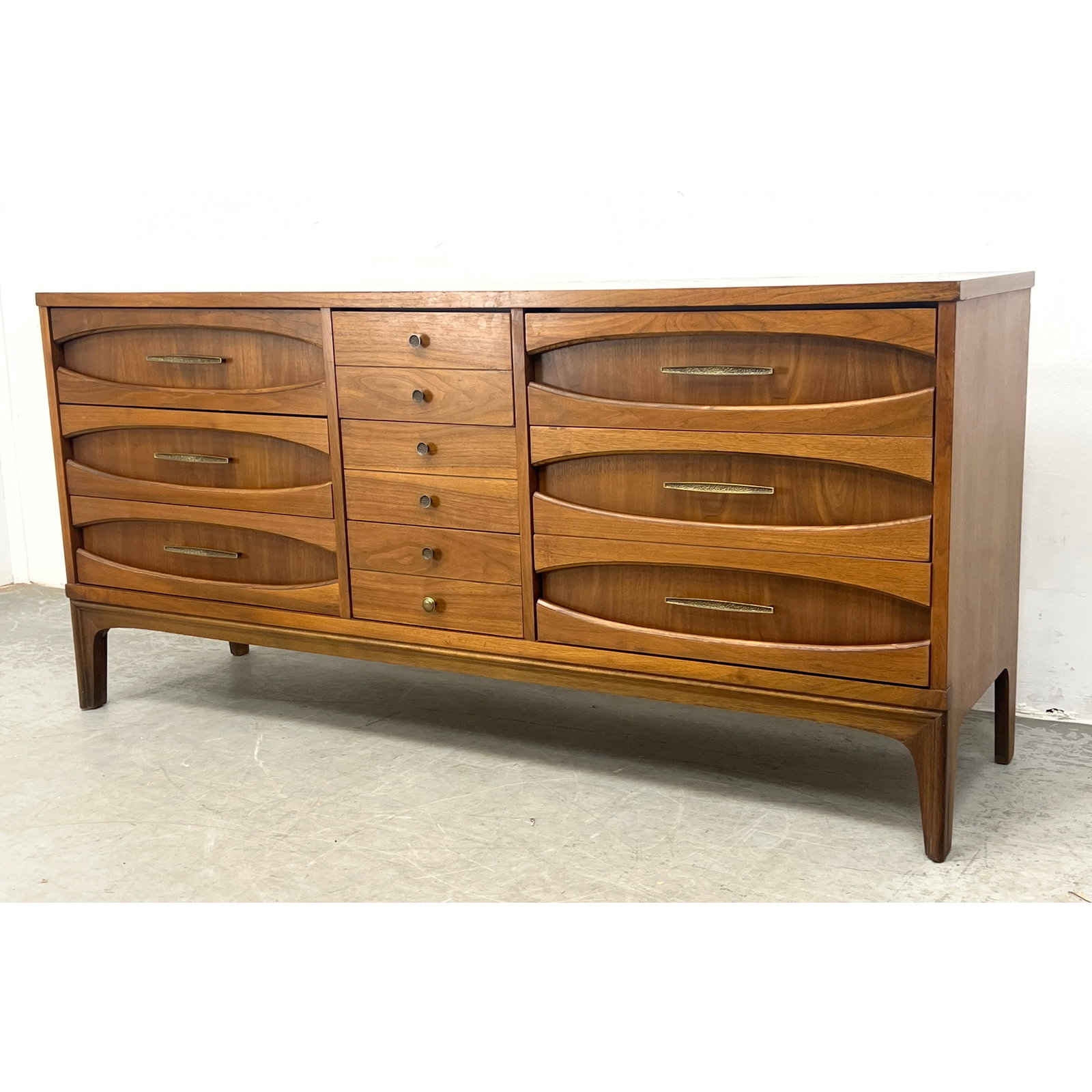 JOHNSON/CARPER Dresser Credenza. American Modern Walnut. Modernist elliptical panel drawers. Raised (1 of 7)