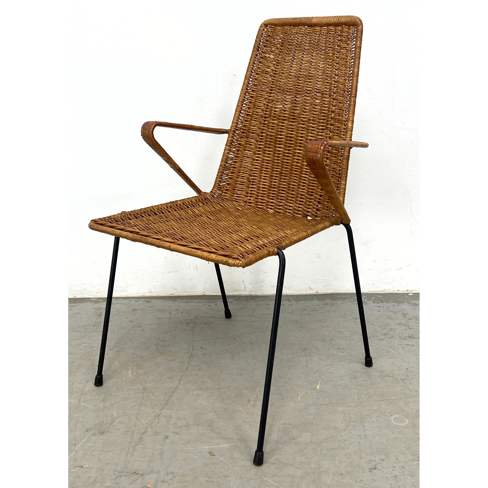 Single Woven Rattan Modernist Arm Dining Chair. Gian Franco Legler Style. Iron Hairpin Legs and Fra (1 of 8)