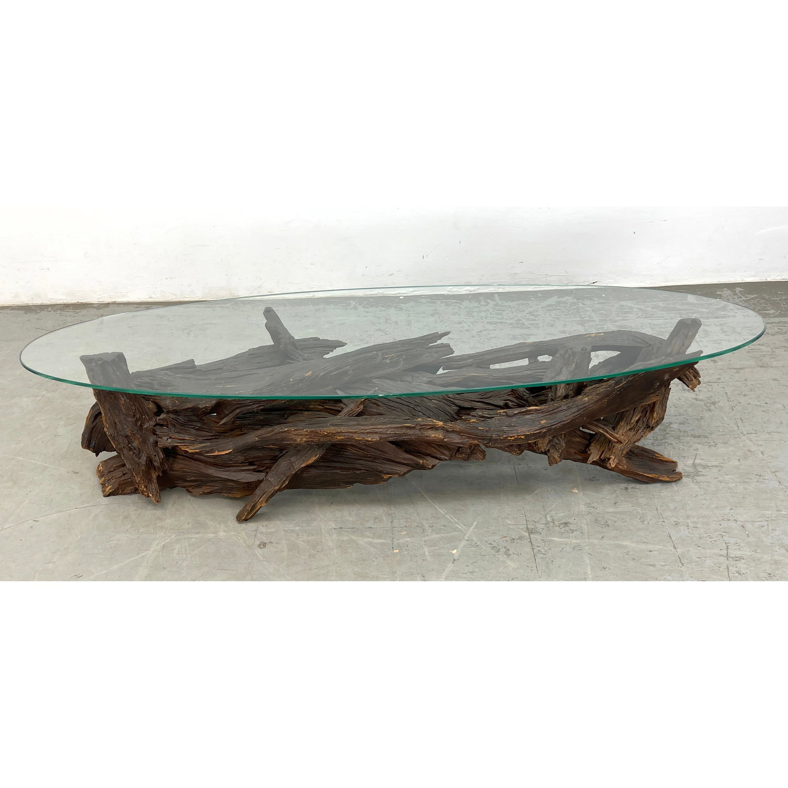 Assembled Natural Driftwood Base Coffee Table. Elliptical Glass Top. Driftwood has been painted brow (1 of 10)