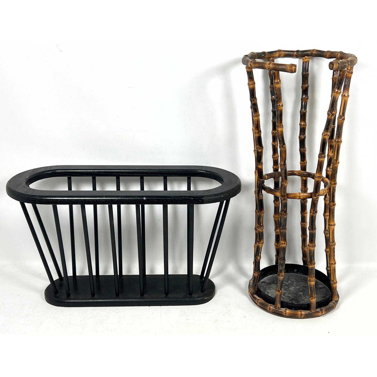 2pcs. Vintage Bamboo Umbrella Stand, 1940's/50's with Umanoff Style Ebonized Magazine Rack (1 of 13)