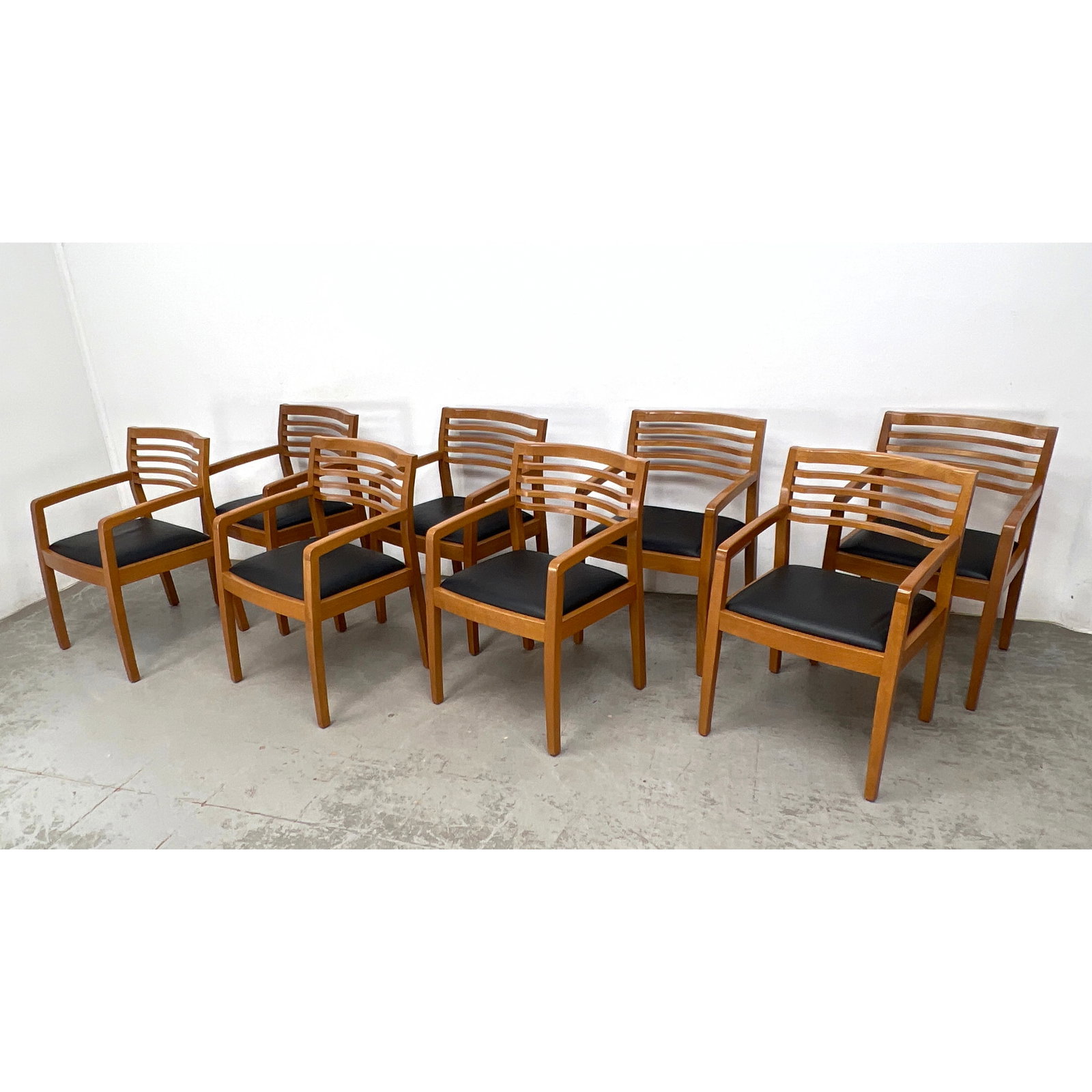 Set 8 KNOLL Dining Arm Chairs. RICCHIO Model. Clean Modern Lines with 5 Slat Backrest. Black Vinyl S (1 of 14)