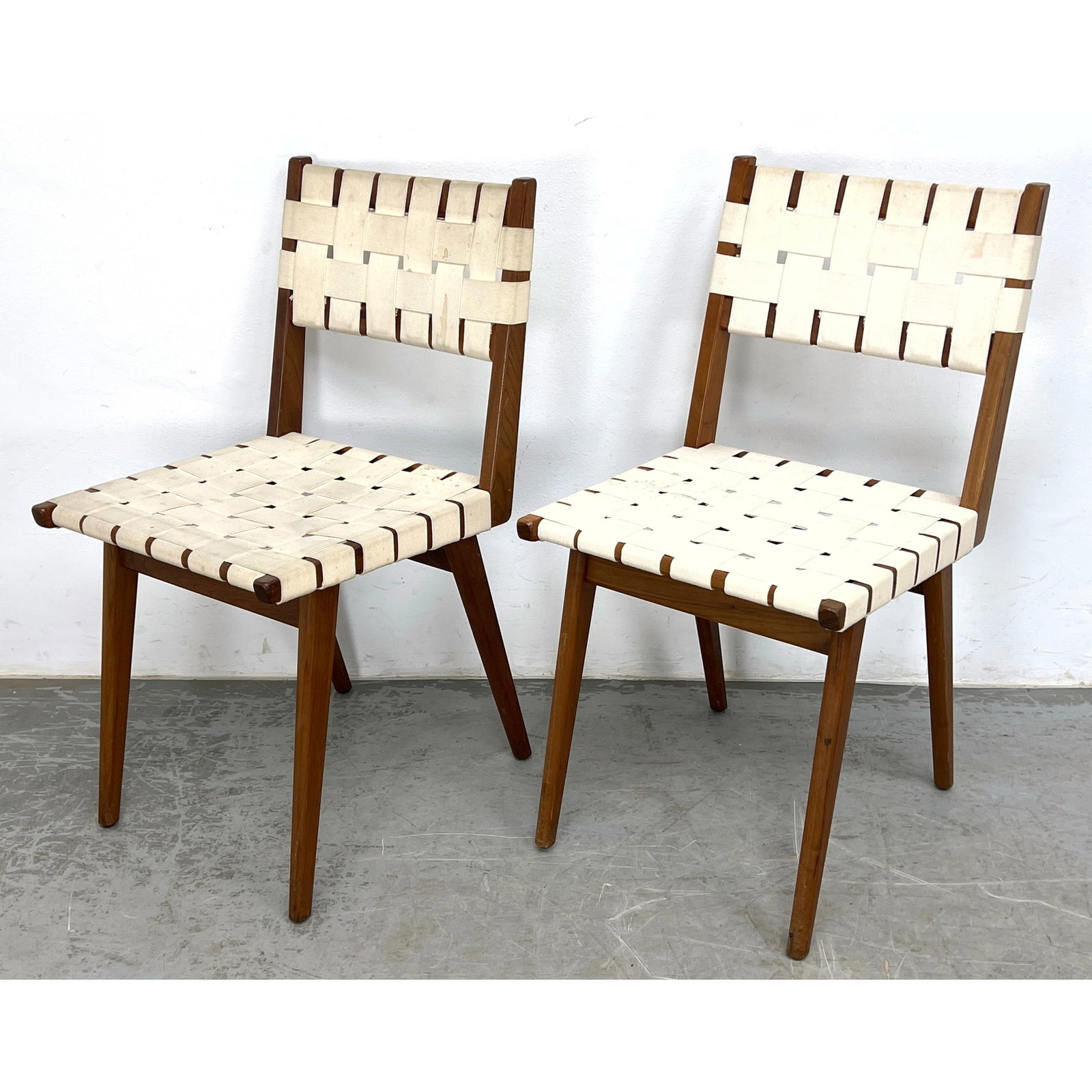 Pair Jens Risom Mid Century Modern Walnut Frame Cotton Strap Dining Chairs (1 of 13)