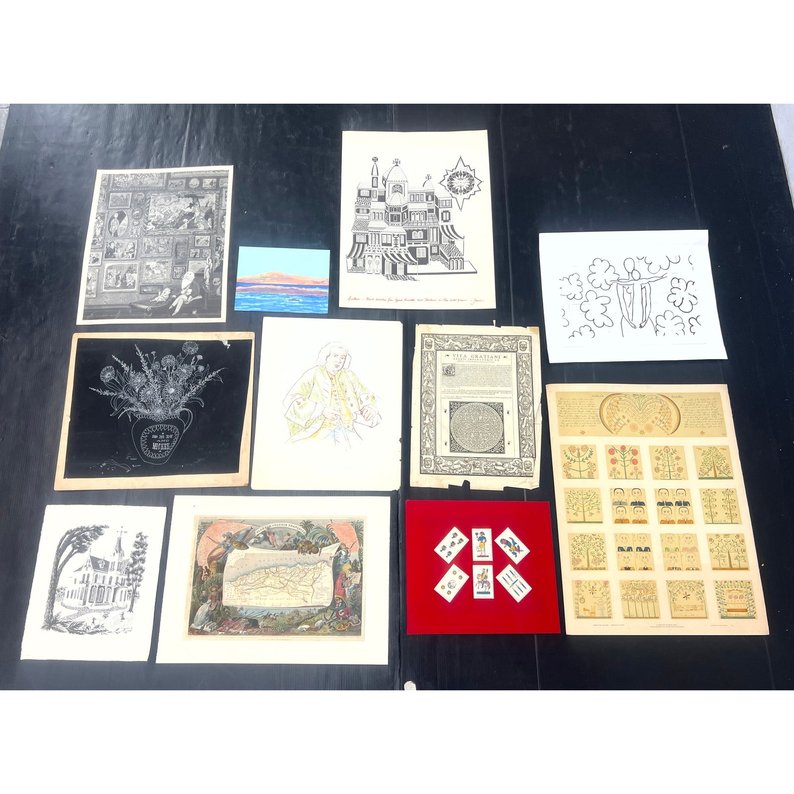 11pcs Mixed Unframed Art. Cards, Antique Algerie Colonie Francaise Map, Folk Art Prints, (1 of 14)