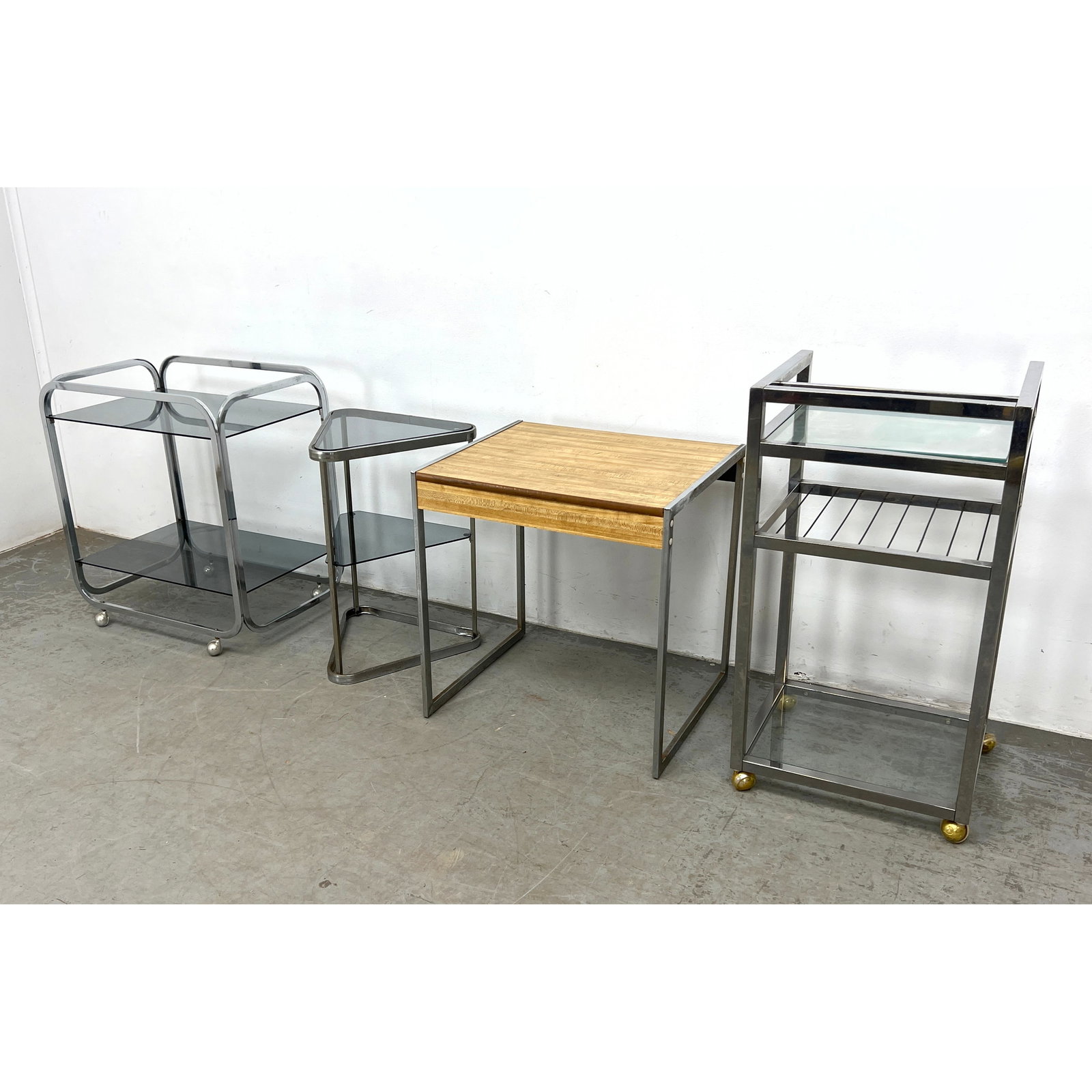 4pc Mid Century Design Tables Stands. All have Chrome Frames. Some have smoked glass tiers. (1 of 20)