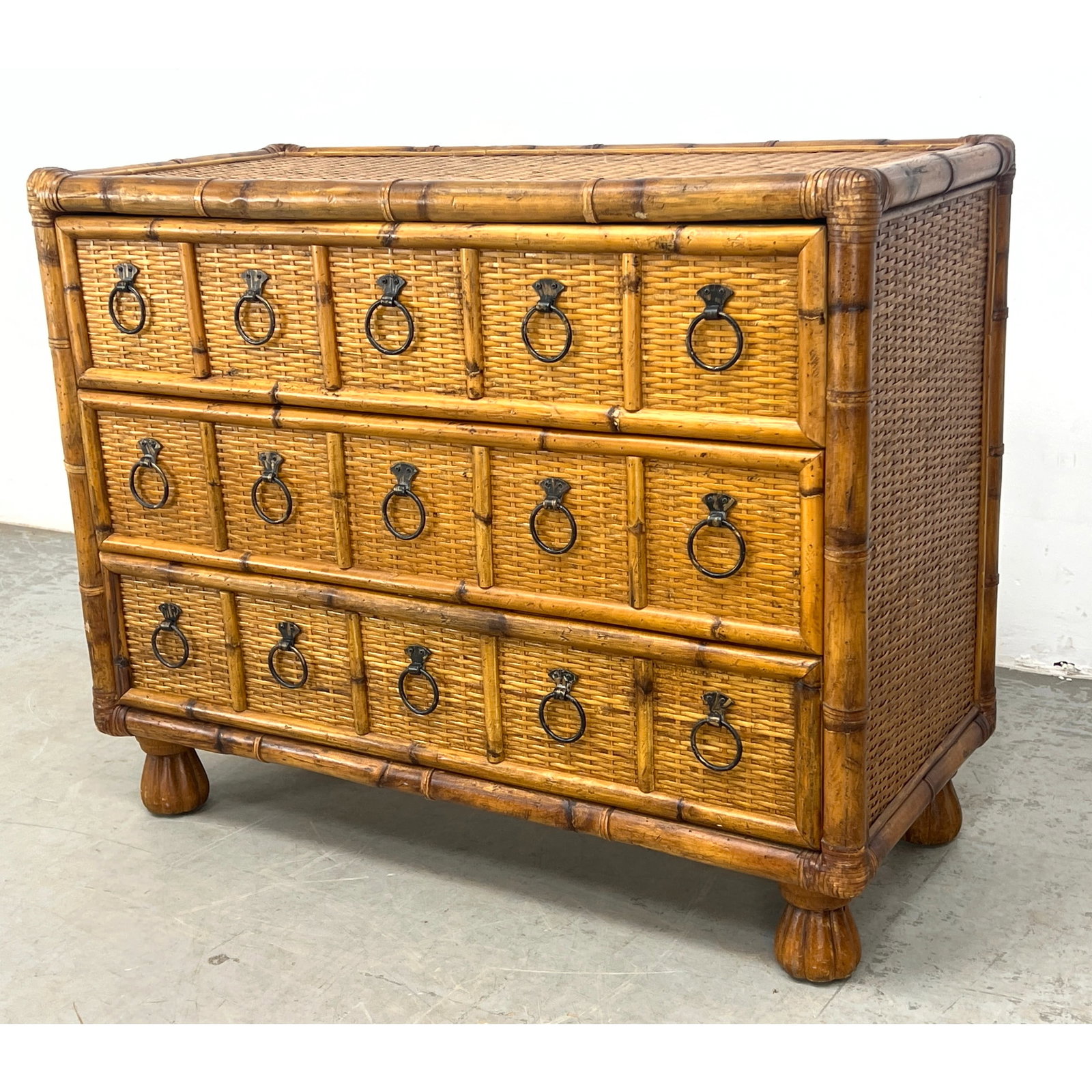 Bamboo Frame Three Drawer Bachelor's Chest. Dresser. Colonial style Chest of Drawers with woven bamb: Bamboo Frame Three Drawer Bachelor's Chest. Dresser. Colonial style Chest of Drawers with woven bamboo facades. Dimensions: Height: 32 inches, Width: 39.5 inches, Depth: 18 inches. --- - We offer curb