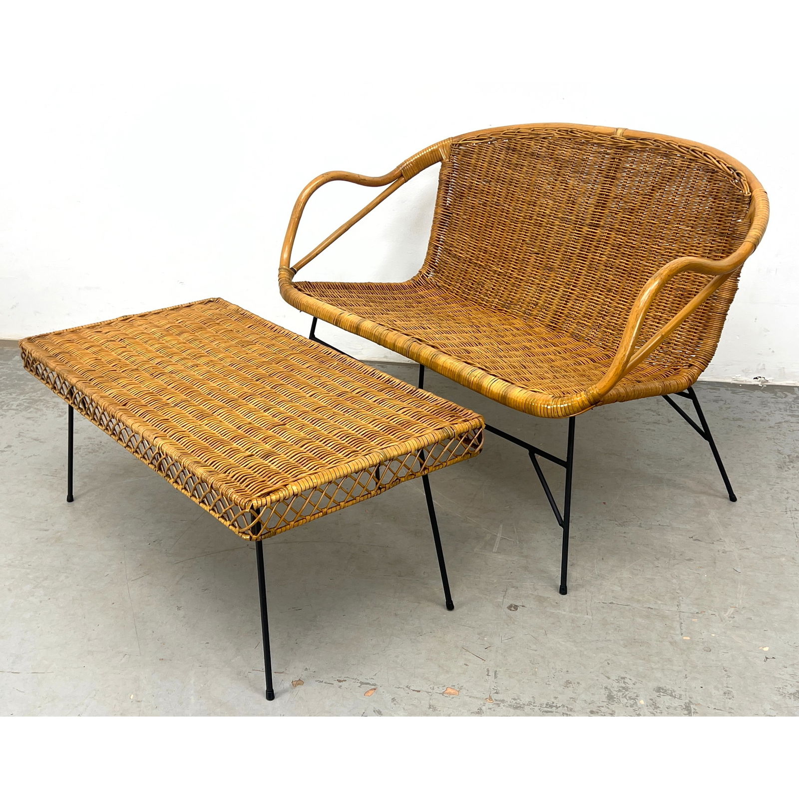 Danny Ho Fong 2pc Rattan Set. Love Seat Bench and Coffee Table. Rattan and Iron. (1 of 12)