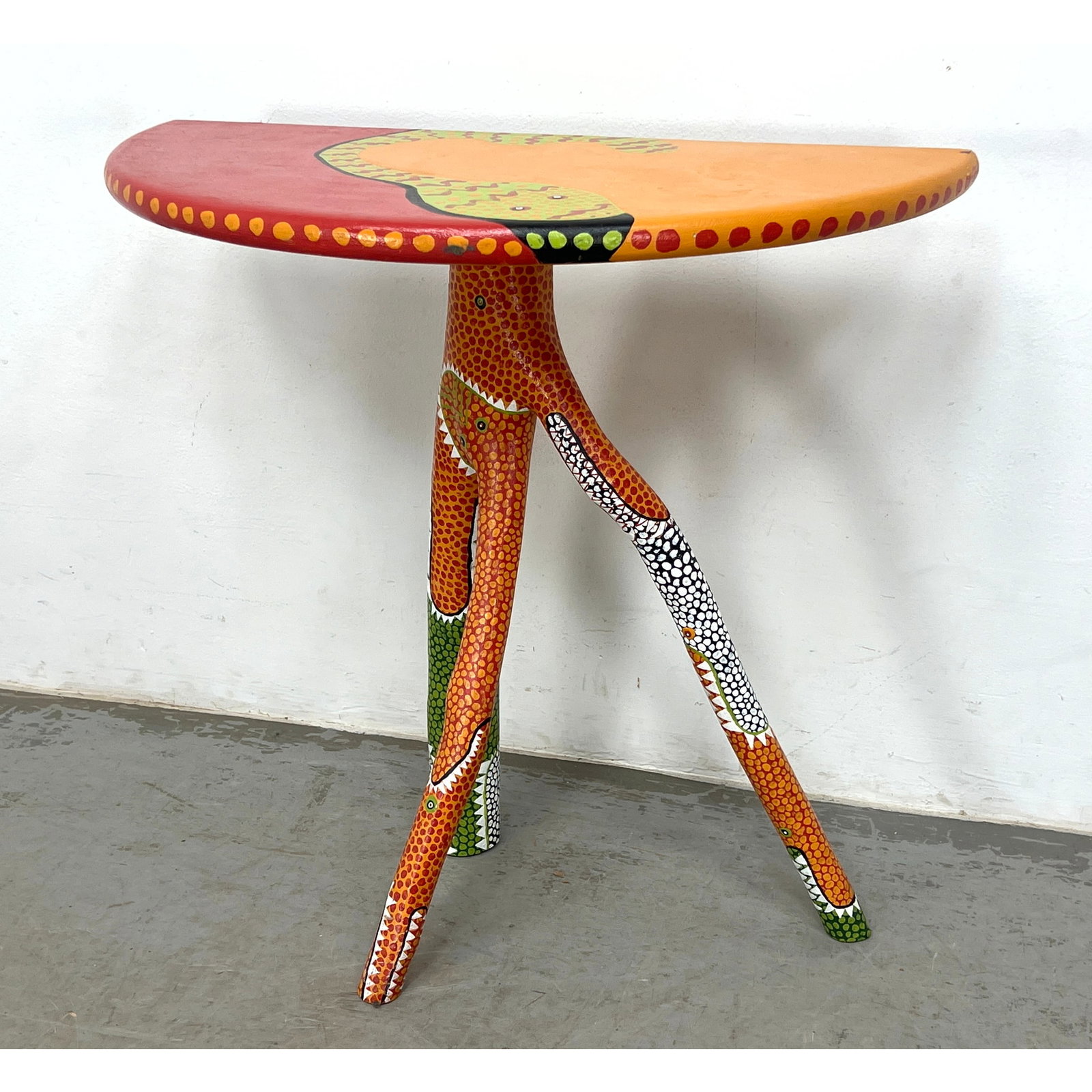 Lee Milefsky folk art console table Half Round Top. Painted design. Unmarked. (1 of 7)