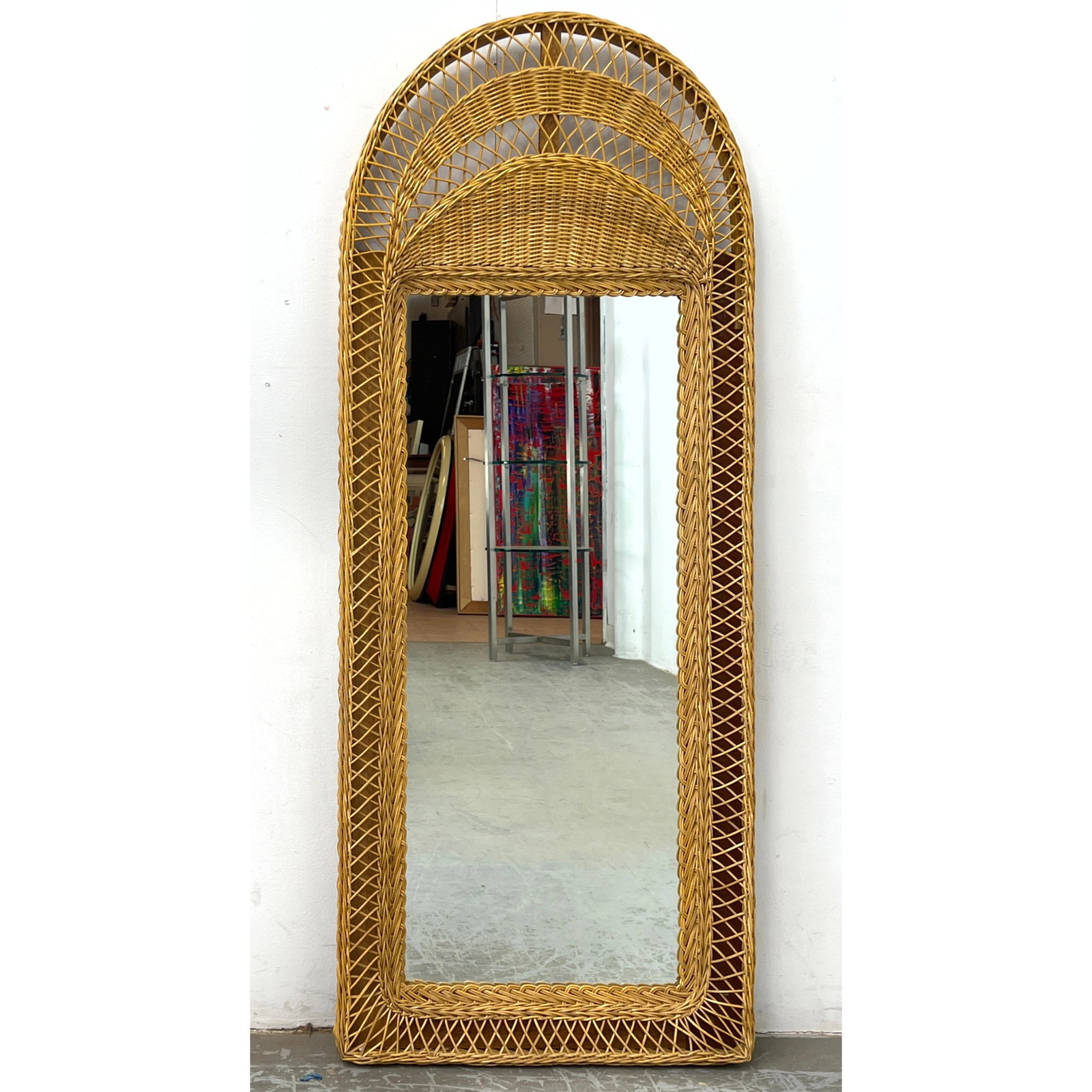 Arch Top Woven Wicker Framed Mirror. Braided and Open Weave Cage Design. (1 of 7)