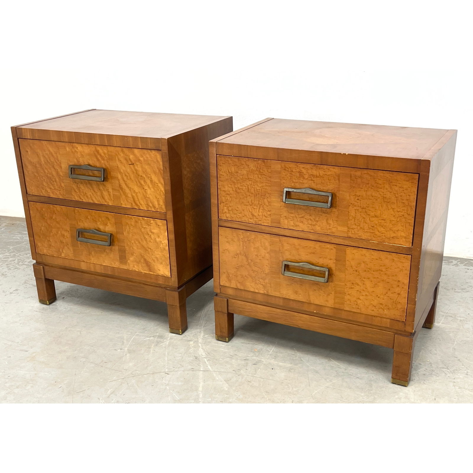 Pr Mid Century Modern 2 Drawer Night Stands. Bird's Eye Maple Inlaid Diamond to Top/ Bird's Eye Mapl (1 of 15)