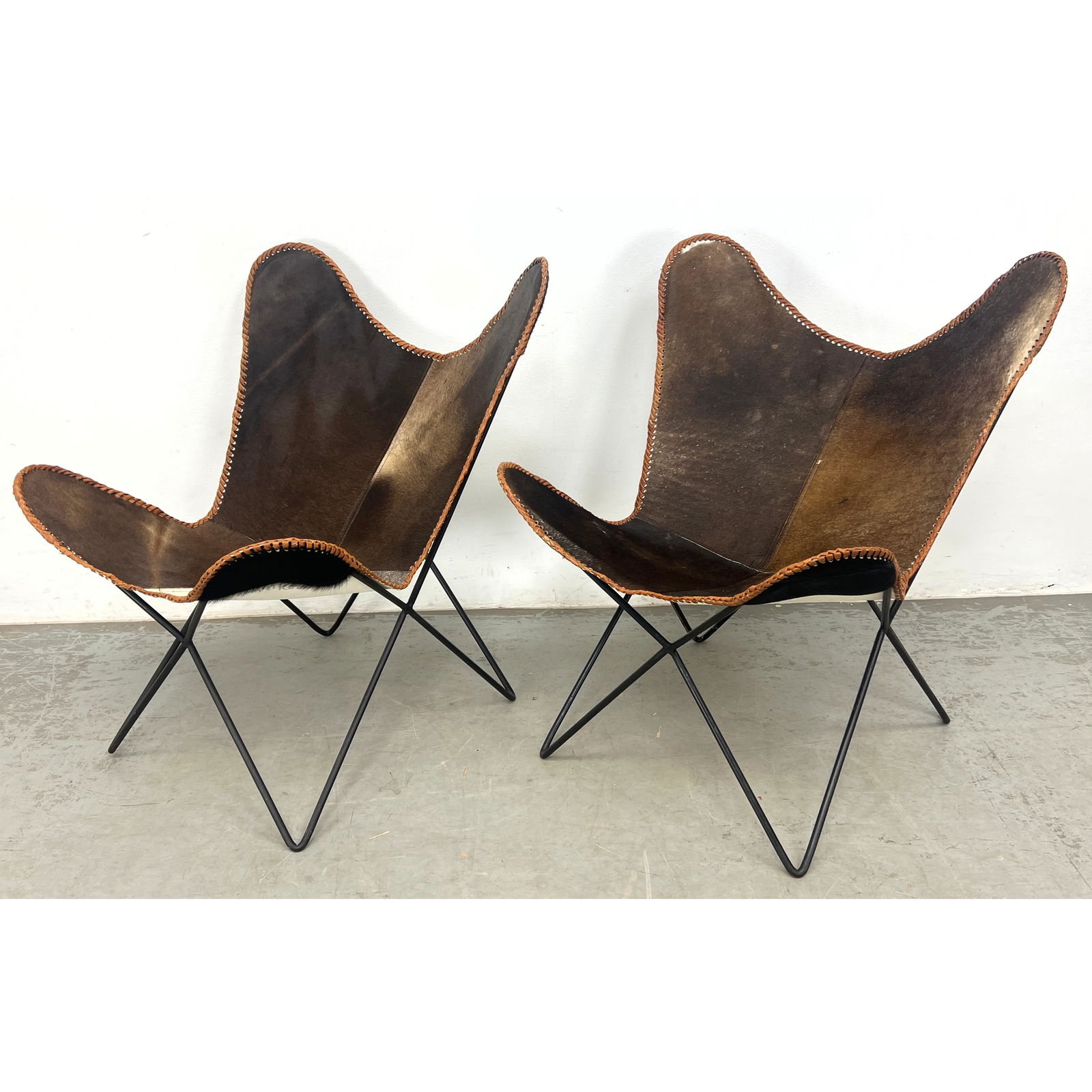 Pr Black Iron Frame Modernist Butterfly Chairs. Real Natural Fur Hide Sling Seats with Whipped Stitc (1 of 8)