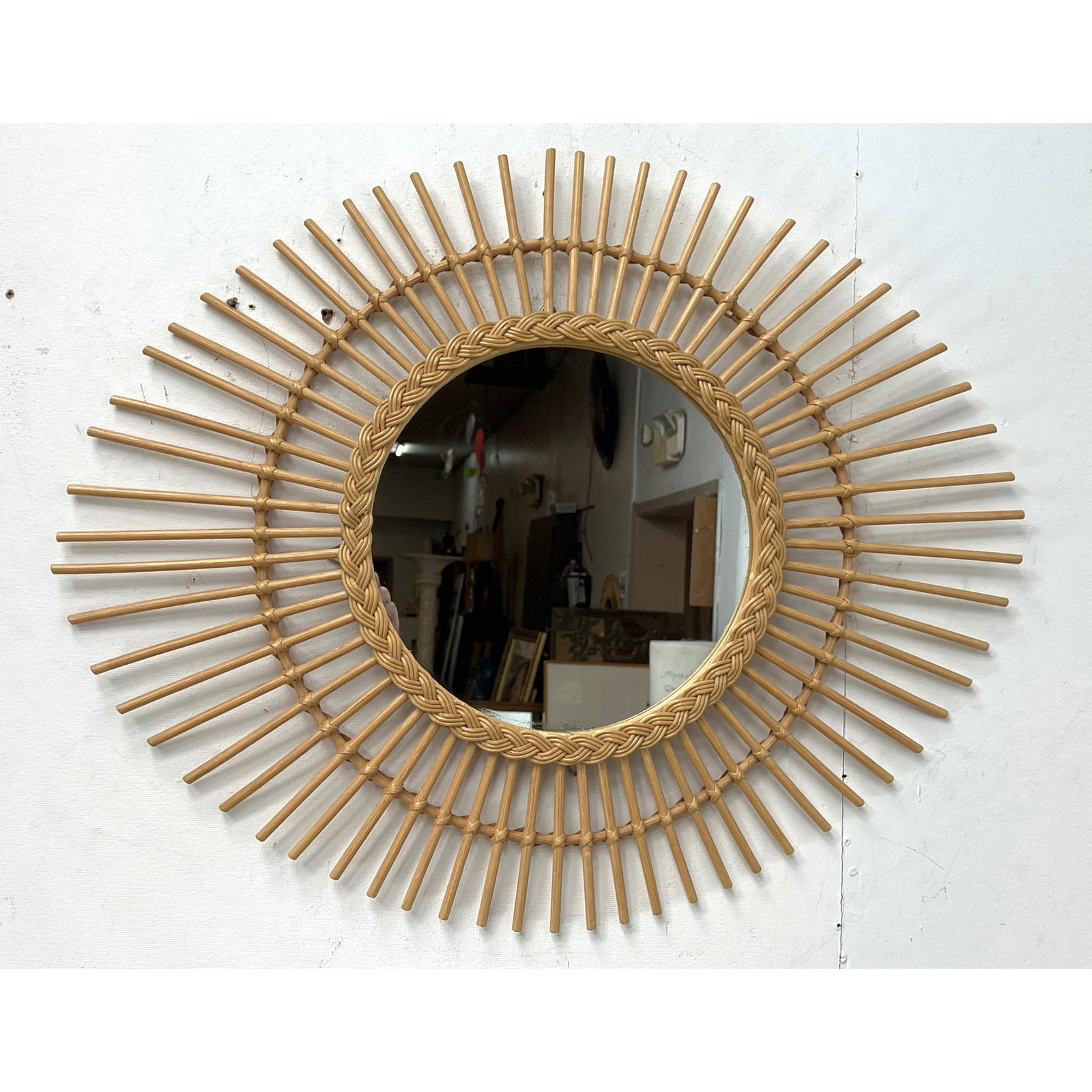 Natural Rattan and Wicker Eyelash Wall Mirror. Eye Shaped Frame has Star Burst Eyelashes. Braided Tr (1 of 7)