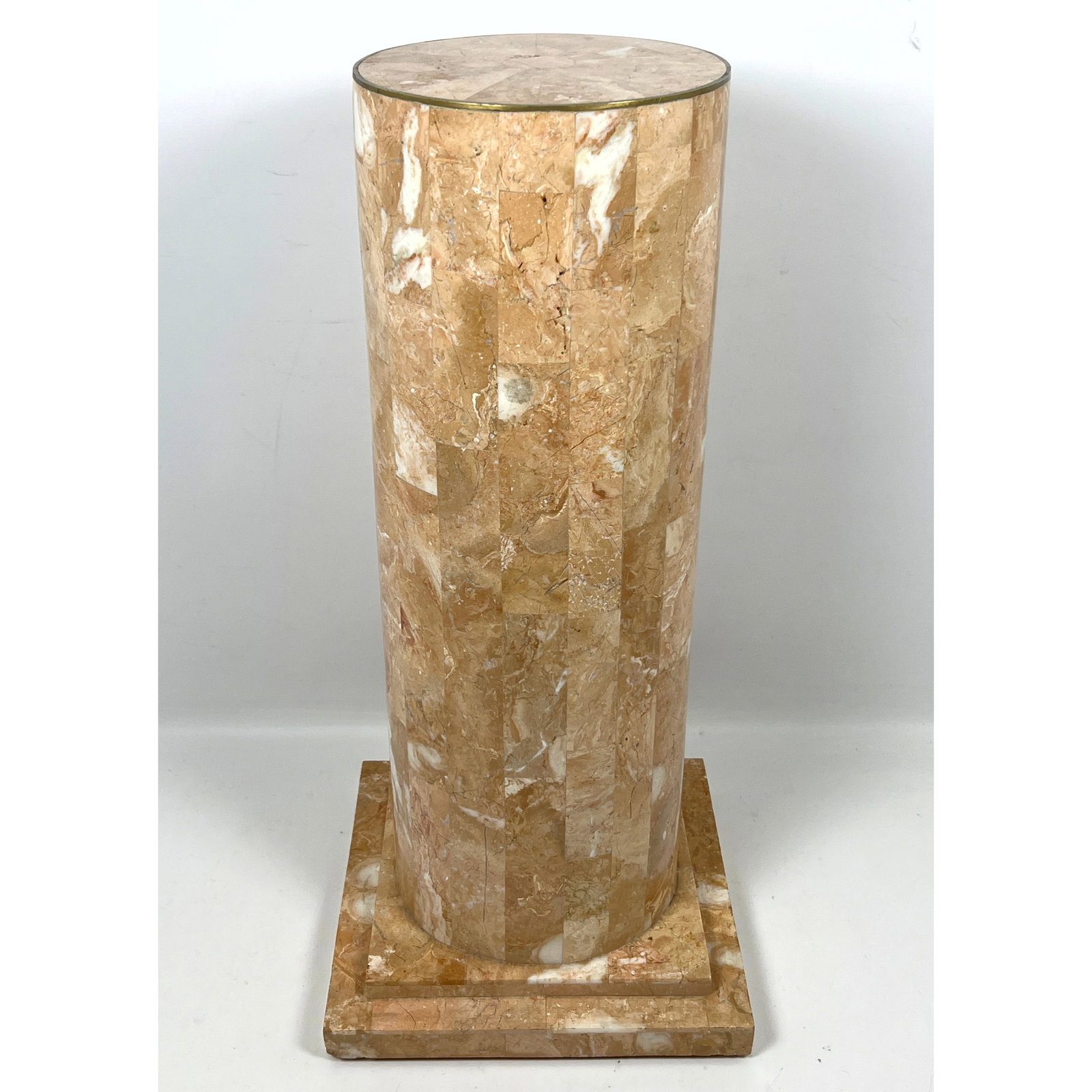 Maitland Smith style Marble Display Pedestal. Tessellated Marble Tile Cylindrical Form on Stepped Ba (1 of 12)